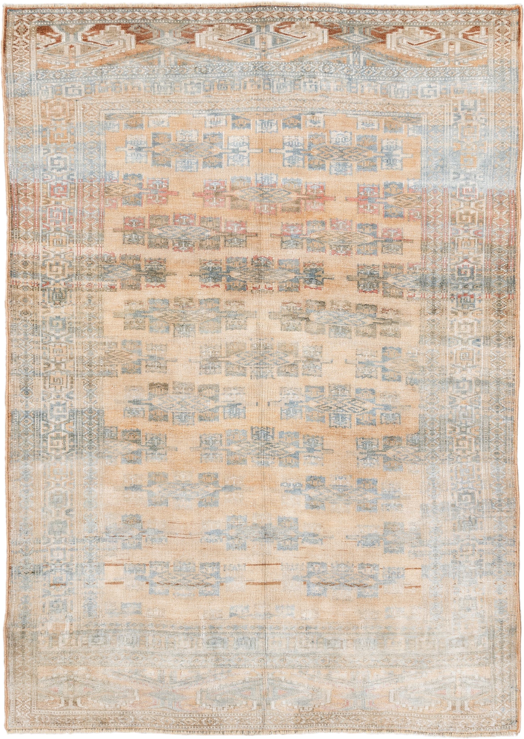 4' x 5' one-of-a-kind handmade antique Yamoud small size rug. Color palette: ivory, pale blue, camel, soft rust, taupe