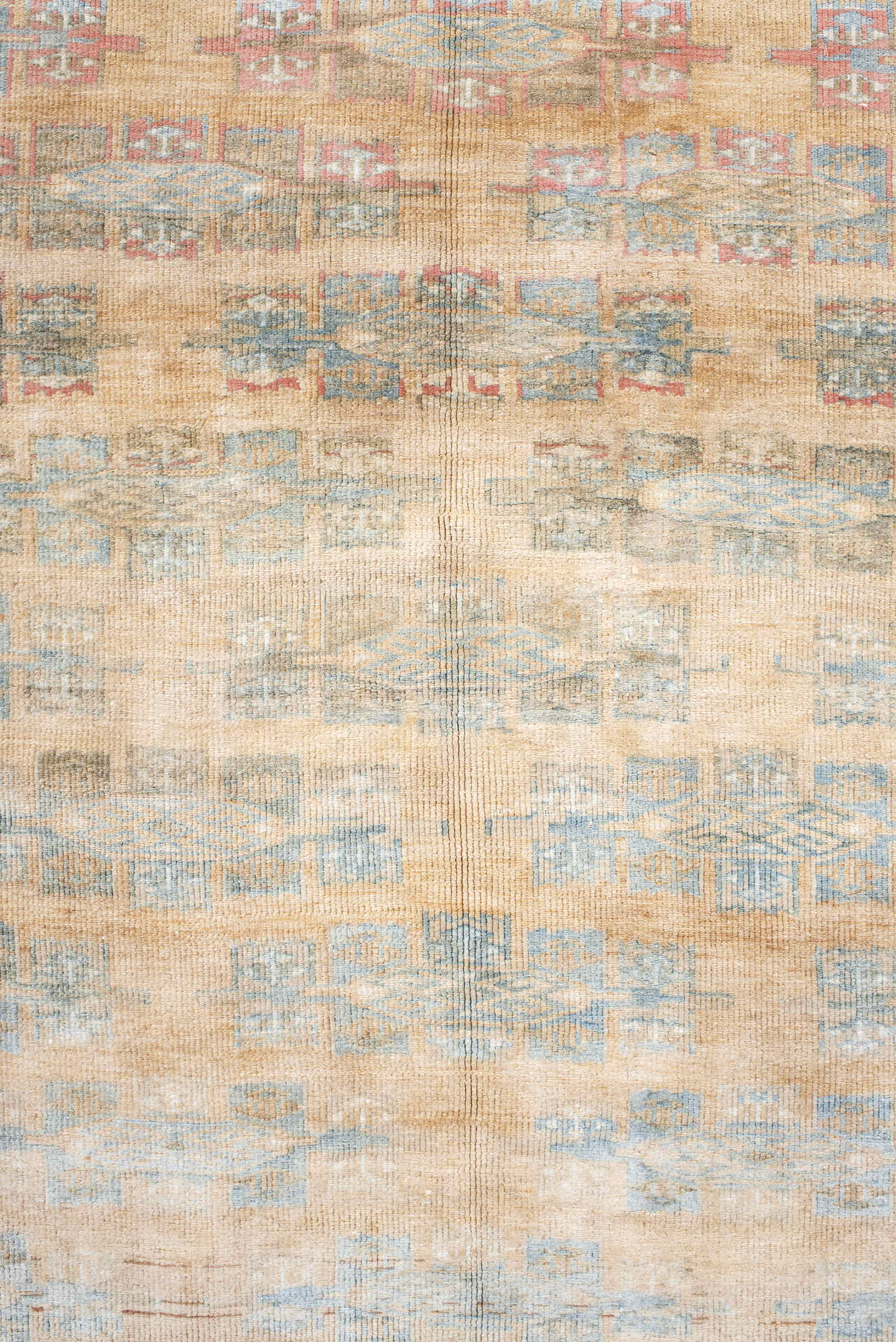 4' x 5' one-of-a-kind handmade antique Yamoud small size rug. Color palette: ivory, pale blue, camel, soft rust, taupe