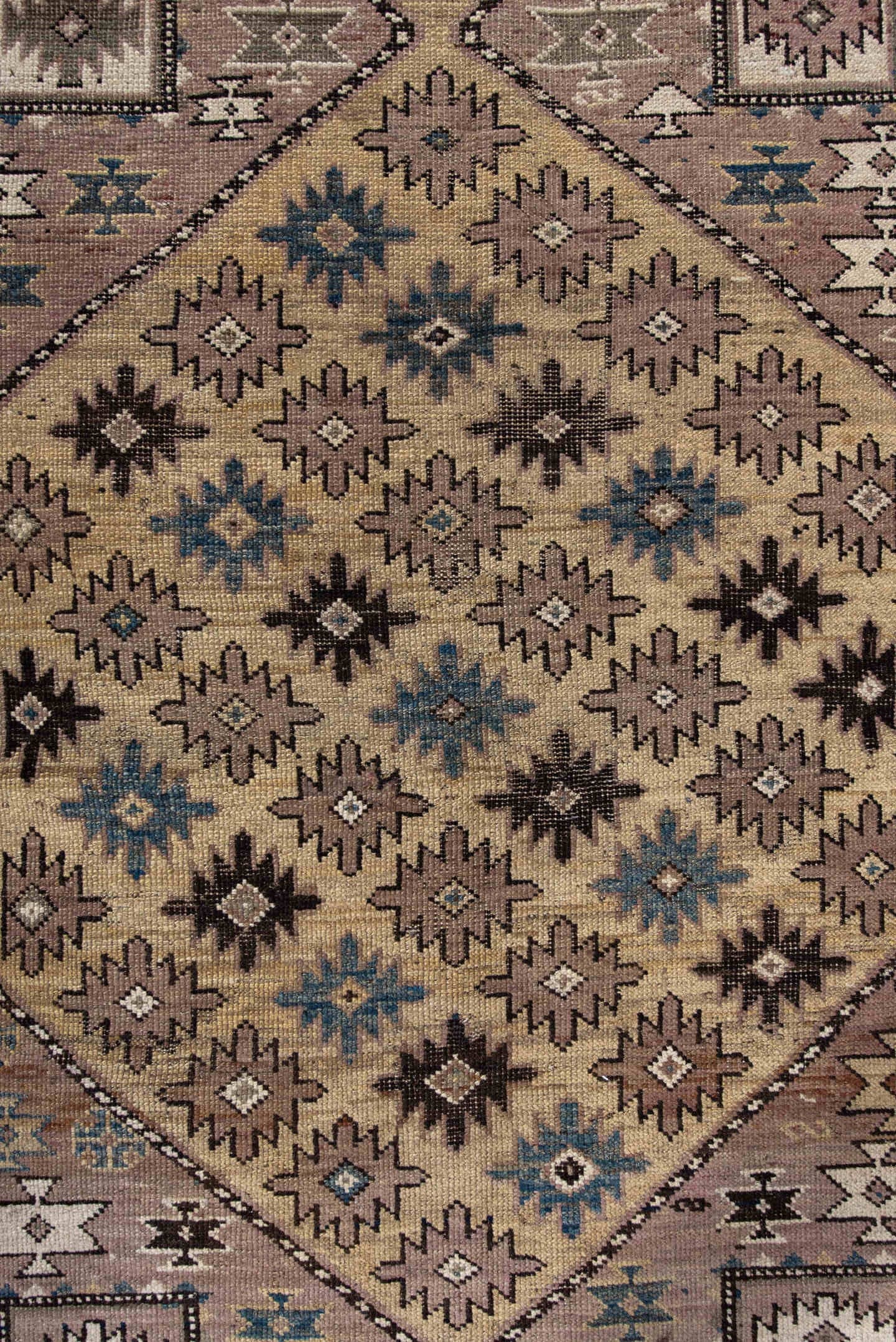 4' x 4' one-of-a-kind handmade antique Shirvan small size rug. Color palette: ivory, taupe, indigo, brown, slate, camel