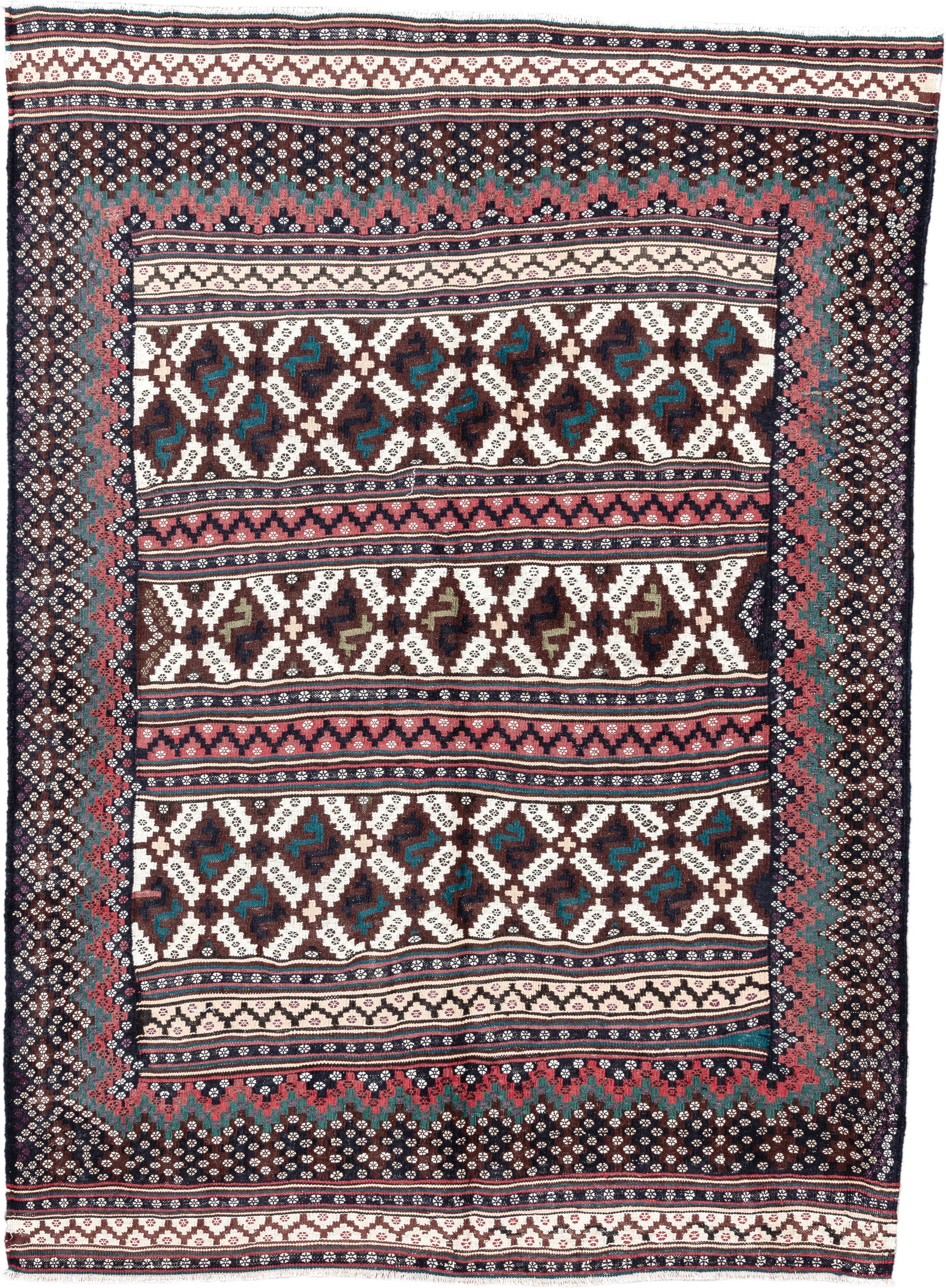 5' x 7' one-of-a-kind handmade vintage Kilim rug. Color palette: brown, ivory, rose, teal, charcoal, olive, pink, red, gray