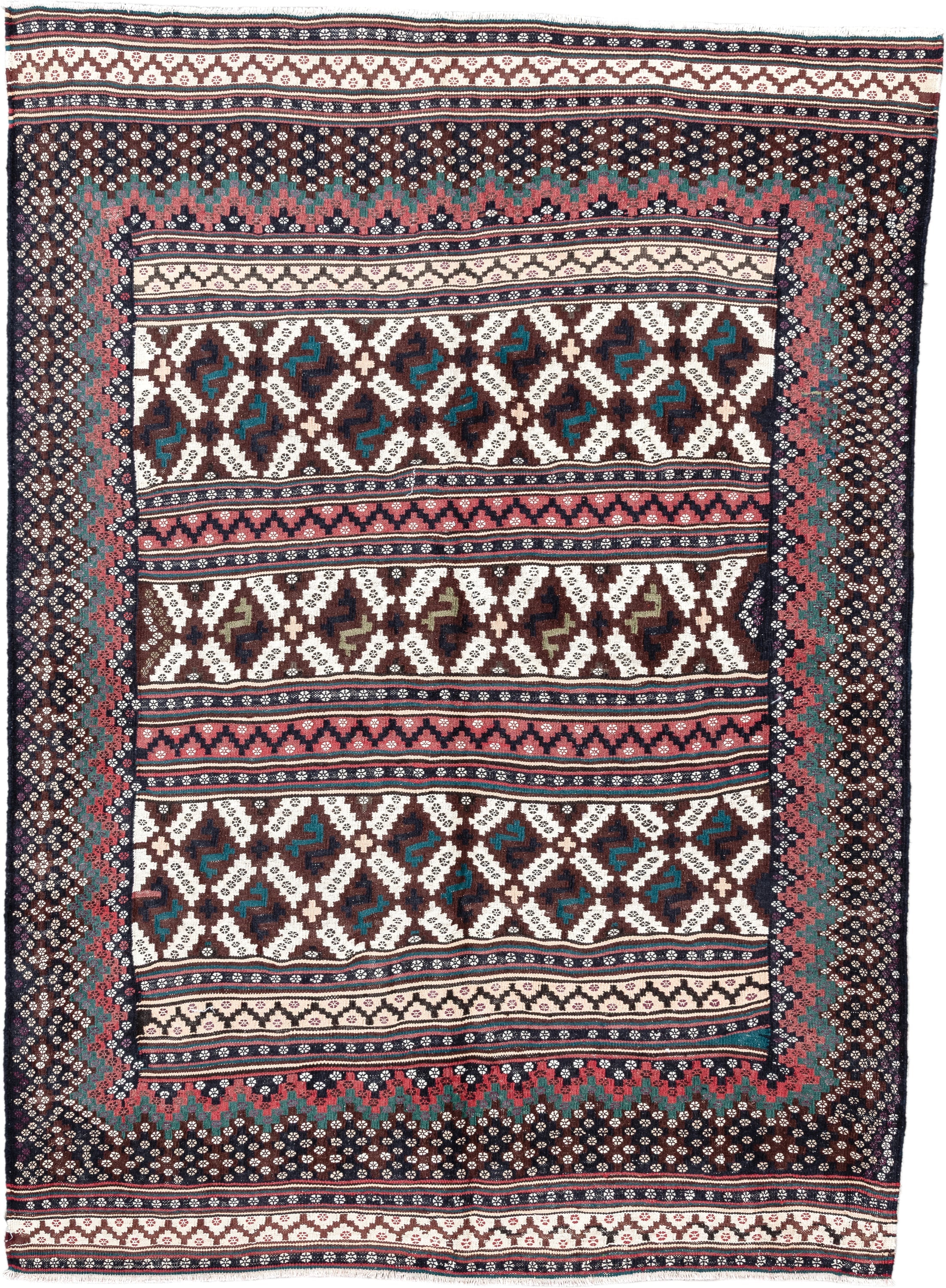 5' x 7' one-of-a-kind handmade vintage Kilim rug. Color palette: brown, ivory, rose, teal, charcoal, olive, pink, red, gray