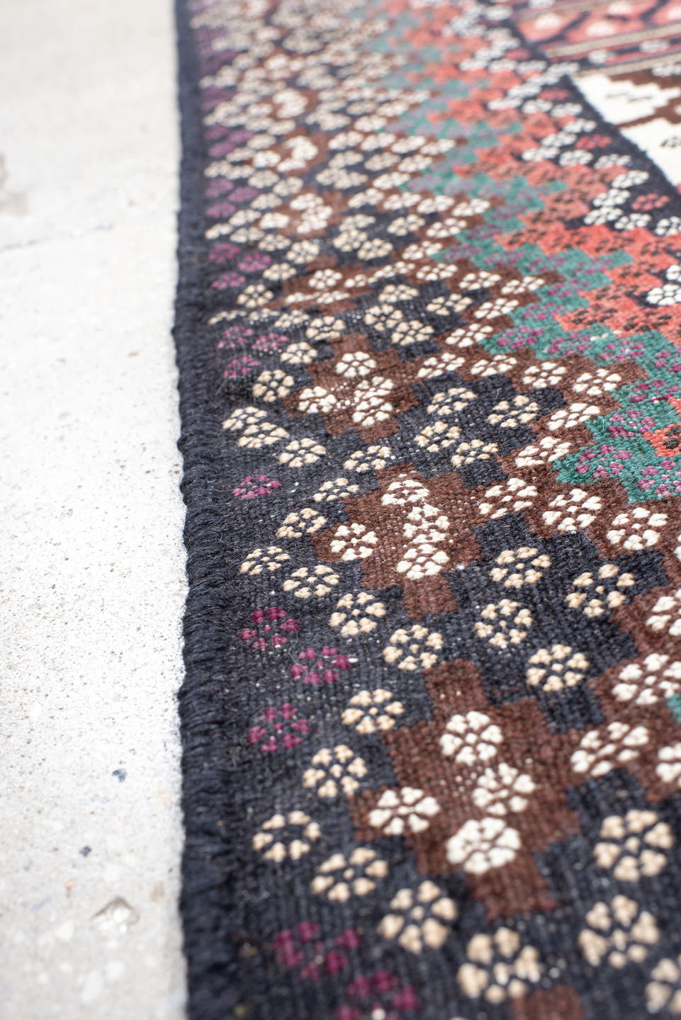 5' x 7' one-of-a-kind handmade vintage Kilim rug. Color palette: brown, ivory, rose, teal, charcoal, olive, pink, red, gray