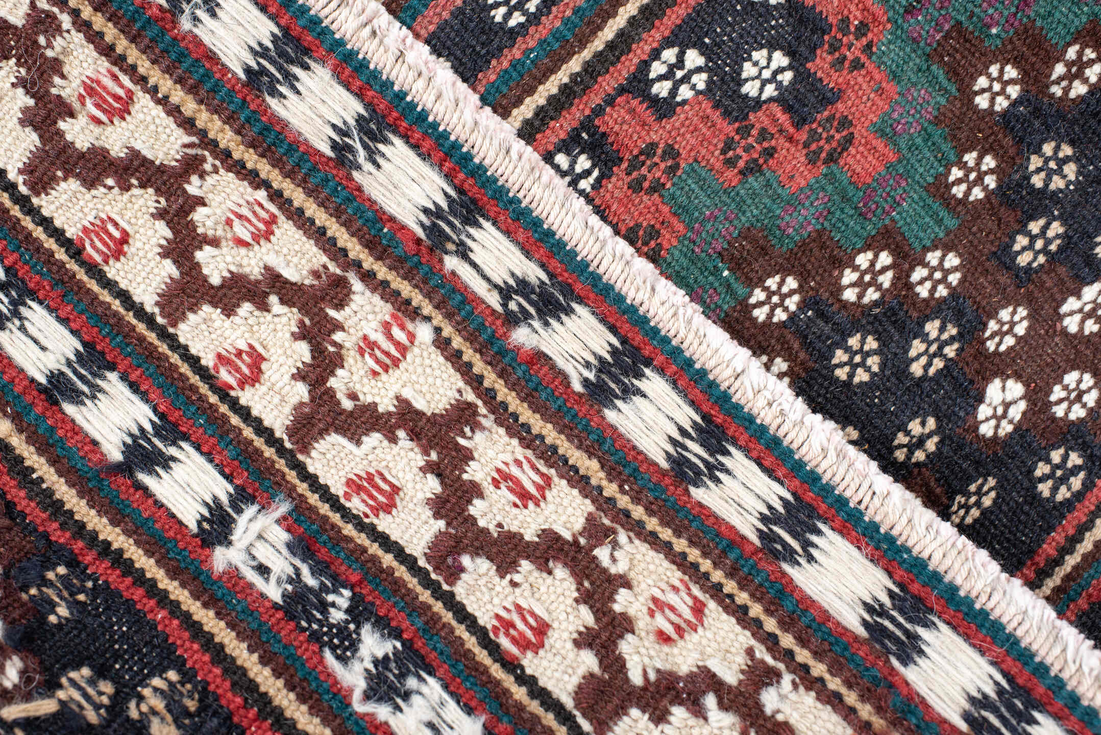 5' x 7' one-of-a-kind handmade vintage Kilim rug. Color palette: brown, ivory, rose, teal, charcoal, olive, pink, red, gray