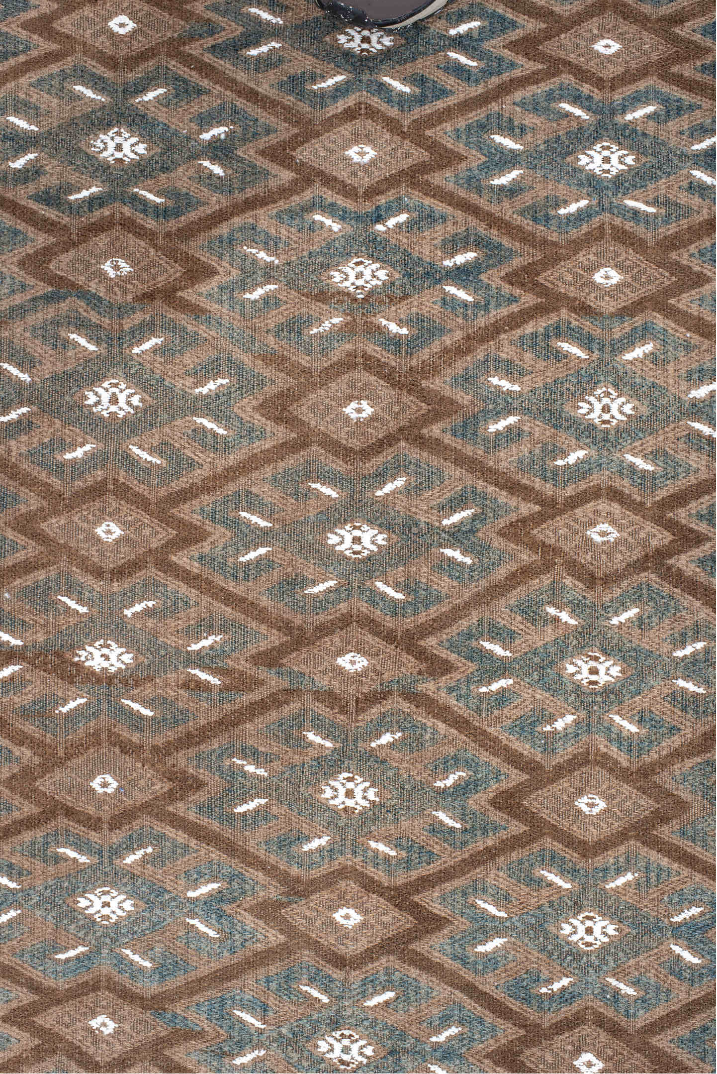 7' x 12' one-of-a-kind handmade antique Kilim large size rug. Color palette: taupe, brown, ivory, slate, camel, beige, gray