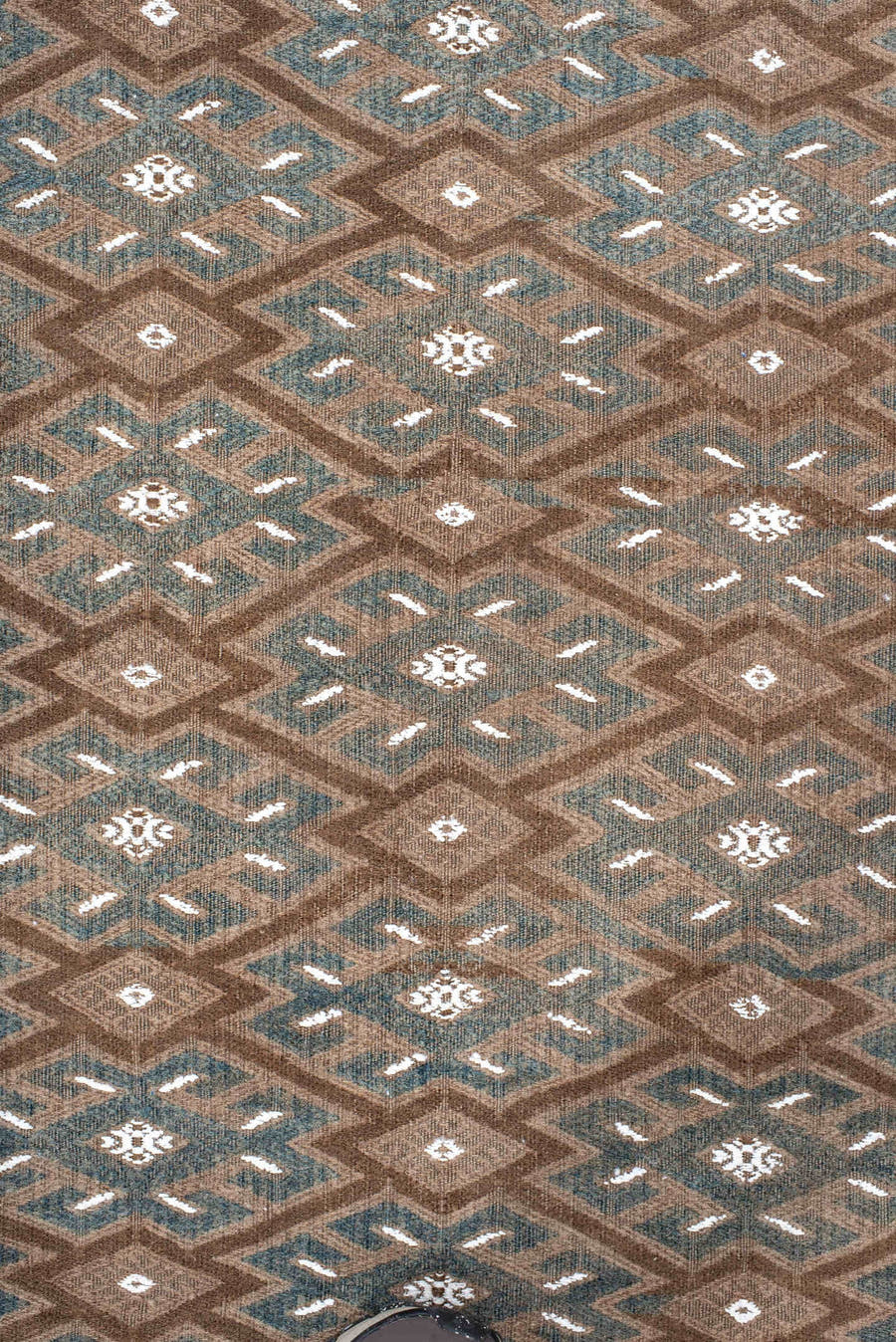 7' x 12' one-of-a-kind handmade antique Kilim large size rug. Color palette: taupe, brown, ivory, slate, camel, beige, gray