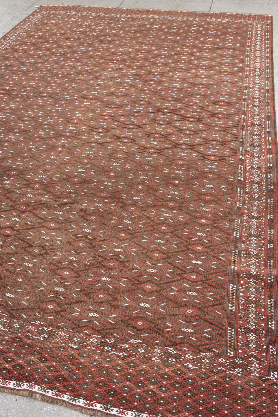 7' x 12' one-of-a-kind handmade antique Kilim large size rug. Color palette: rust, brown, ivory, terra cotta, taupe