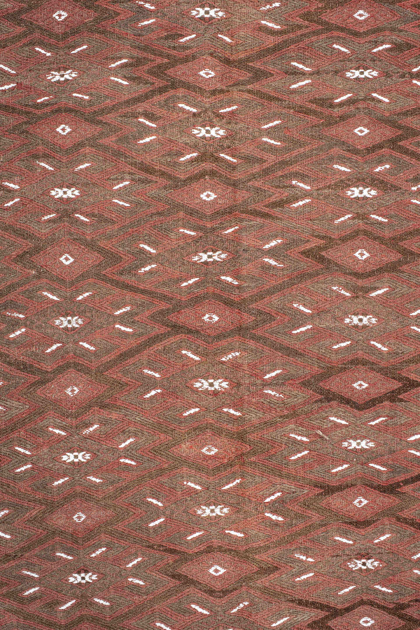 7' x 12' one-of-a-kind handmade antique Kilim large size rug. Color palette: rust, brown, ivory, terra cotta, taupe