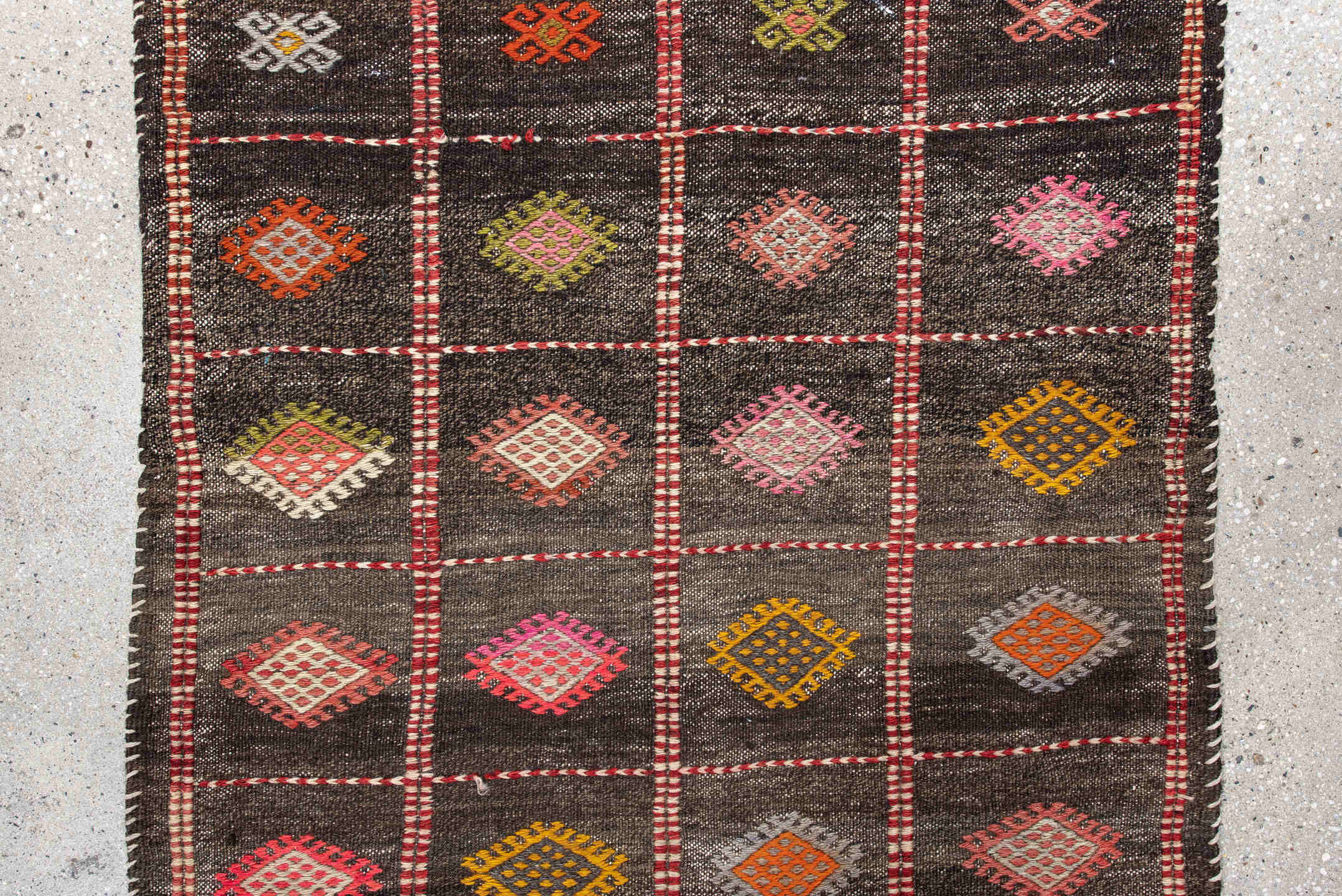 2' x 4' one-of-a-kind handmade vintage Jijim small size rug. Color palette: antiquewhite, black, brown, gray, light gray