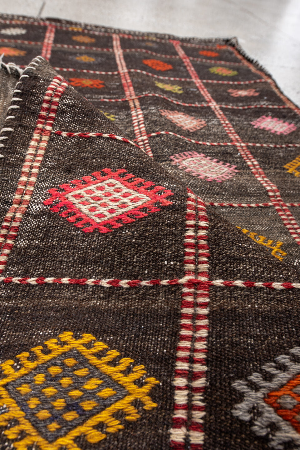 2' x 4' one-of-a-kind handmade vintage Jijim small size rug. Color palette: antiquewhite, black, brown, gray, light gray
