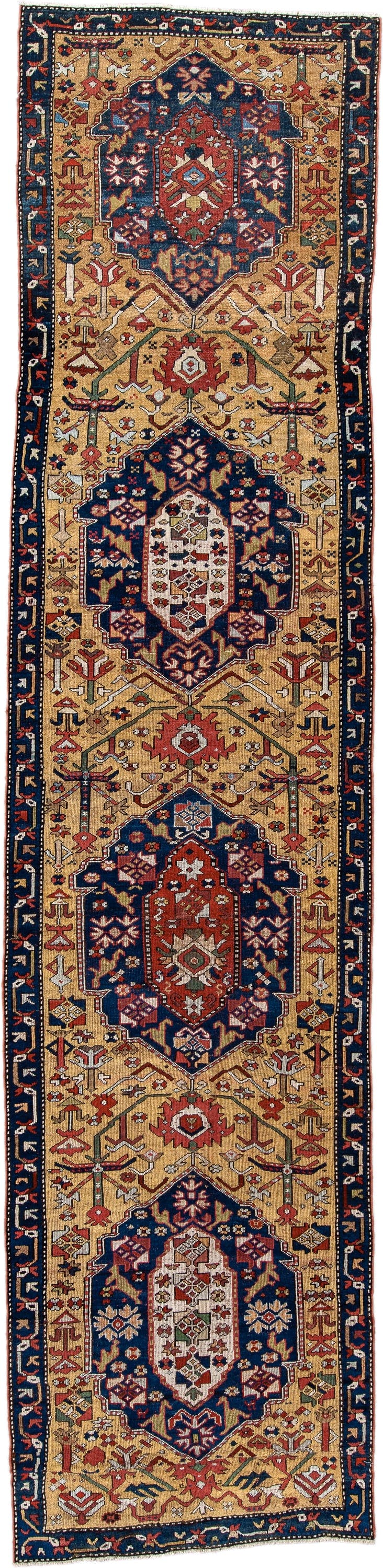 3' x 13' one-of-a-kind handmade antique NW Persian runner rug. Color palette: camel, navy, rust, ivory, crimson, saffron