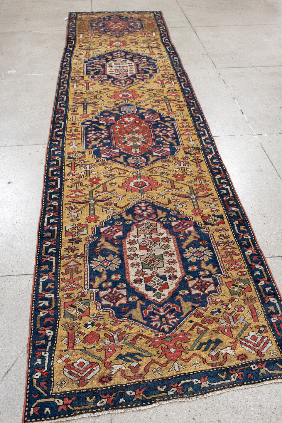 3' x 13' one-of-a-kind handmade antique NW Persian runner rug. Color palette: camel, navy, rust, ivory, crimson, saffron