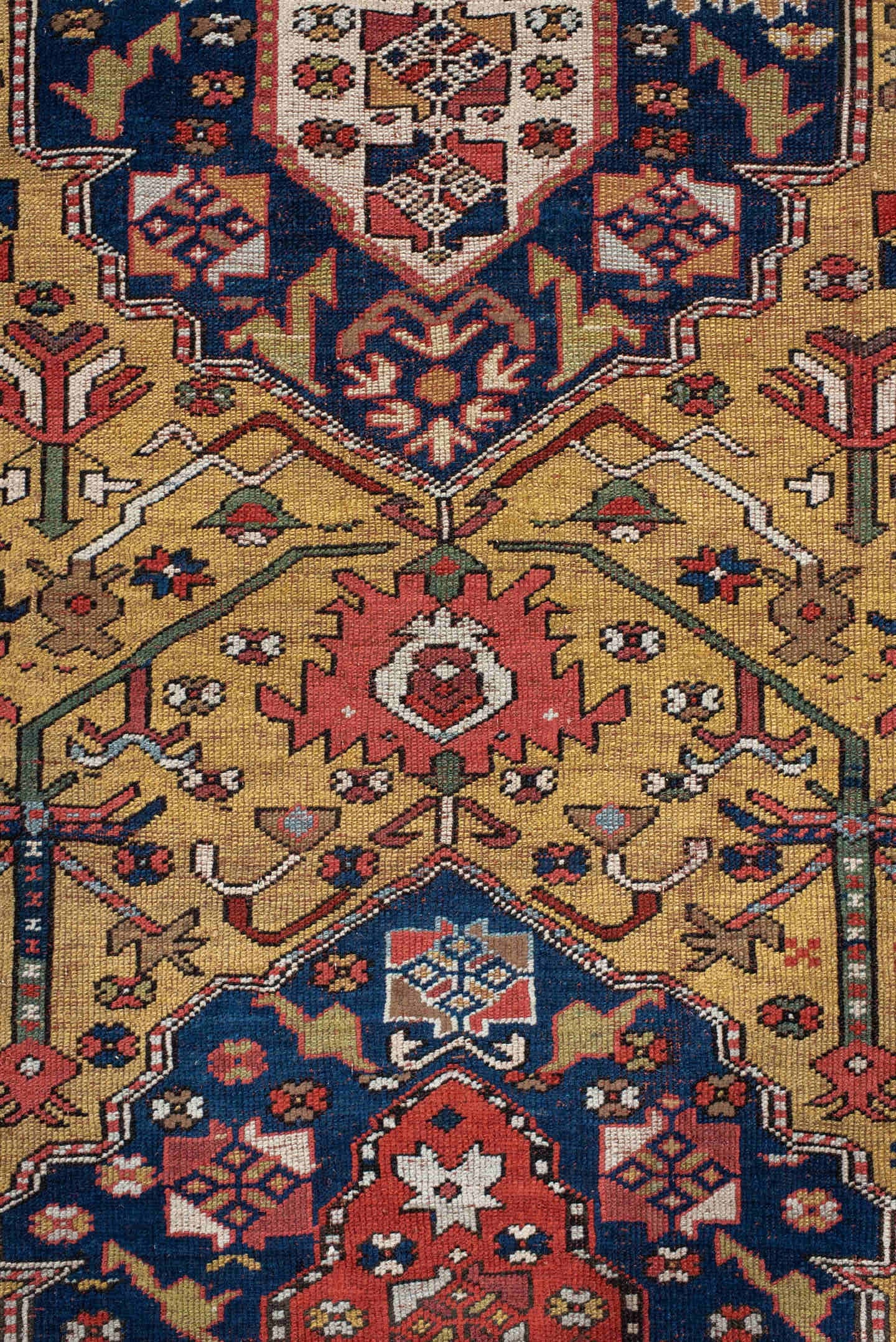 3' x 13' one-of-a-kind handmade antique NW Persian runner rug. Color palette: camel, navy, rust, ivory, crimson, saffron