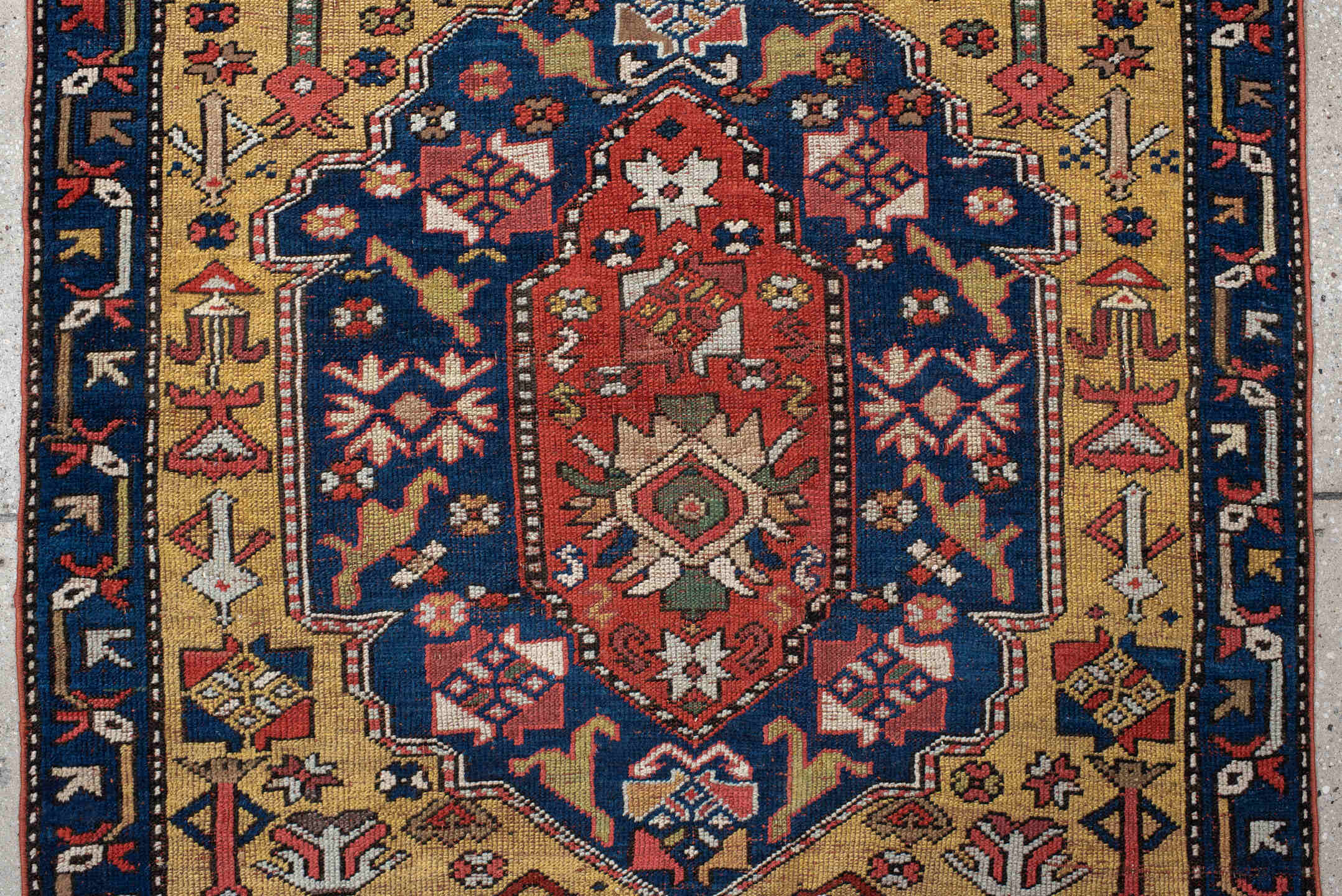 3' x 13' one-of-a-kind handmade antique NW Persian runner rug. Color palette: camel, navy, rust, ivory, crimson, saffron