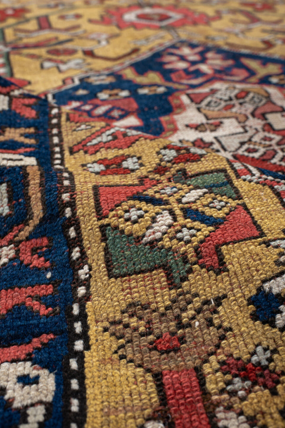 3' x 13' one-of-a-kind handmade antique NW Persian runner rug. Color palette: camel, navy, rust, ivory, crimson, saffron