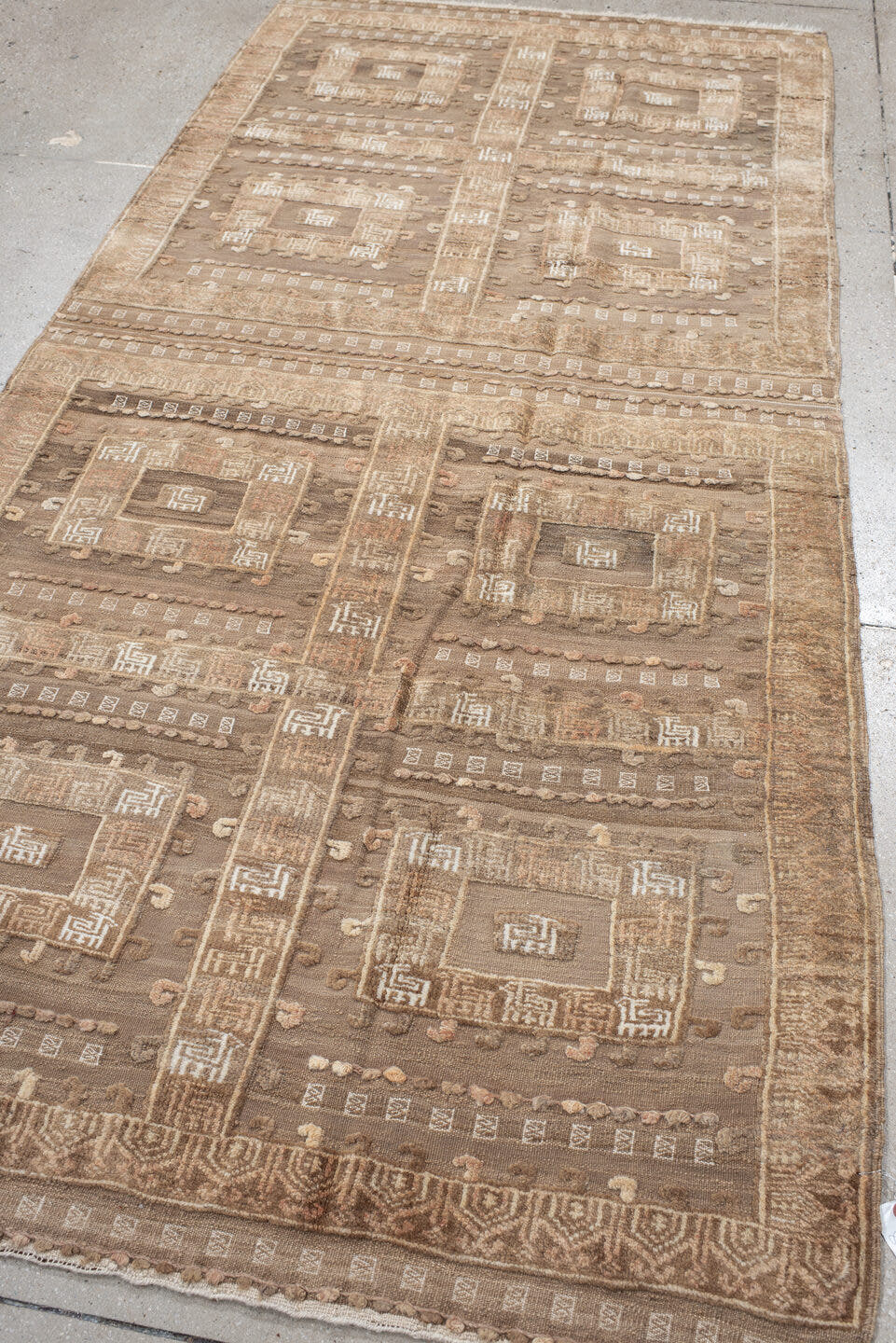 4' x 8' one-of-a-kind handmade vintage Belouch runner rug. Color palette: taupe, ivory, beige, camel, rose, brown, gray