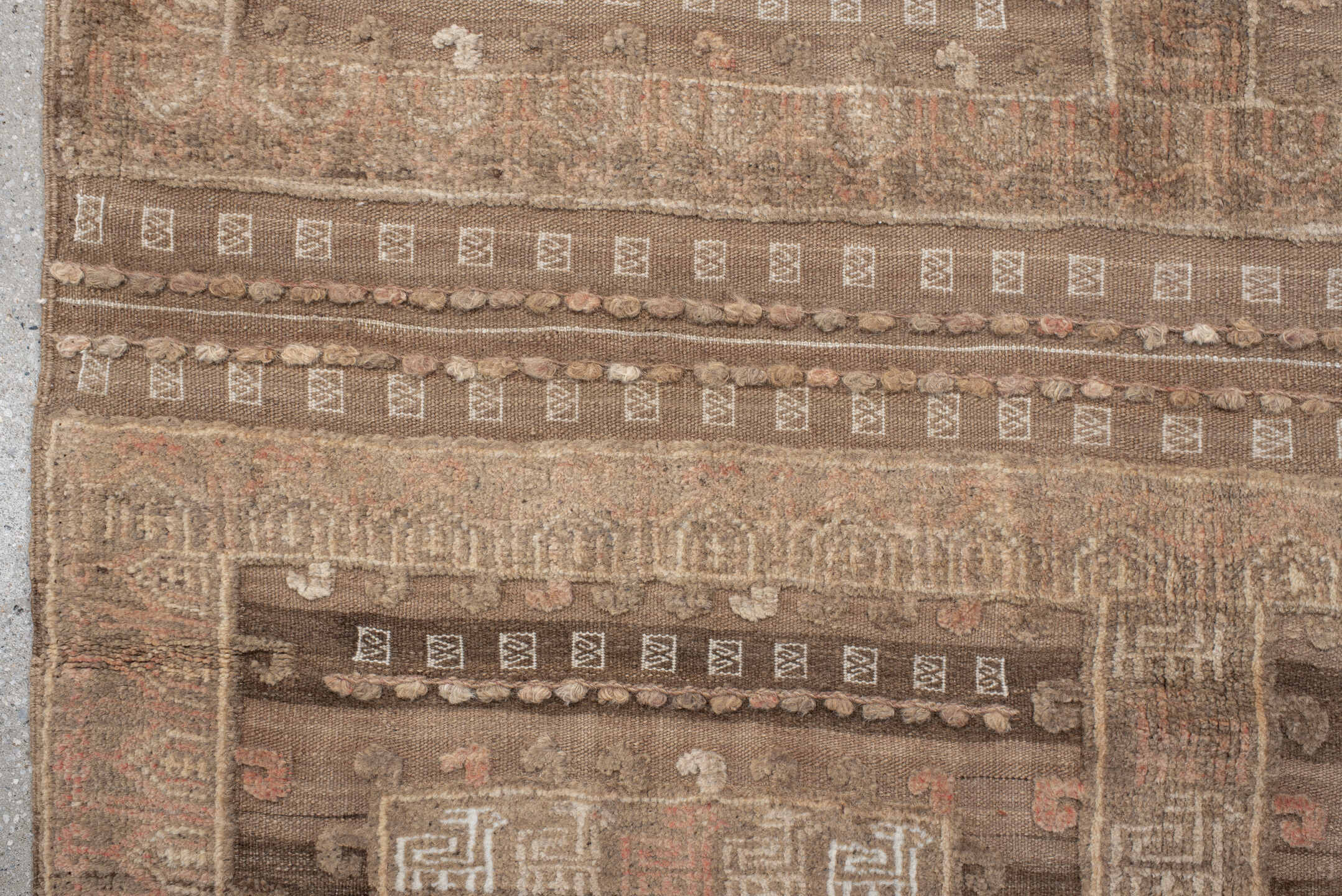 4' x 8' one-of-a-kind handmade vintage Belouch runner rug. Color palette: taupe, ivory, beige, camel, rose, brown, gray