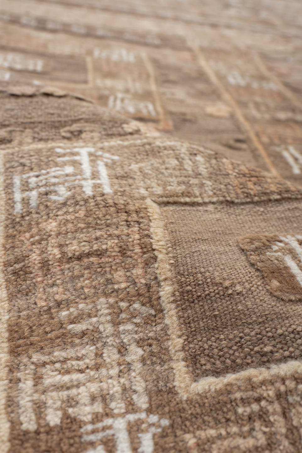4' x 8' one-of-a-kind handmade vintage Belouch runner rug. Color palette: taupe, ivory, beige, camel, rose, brown, gray