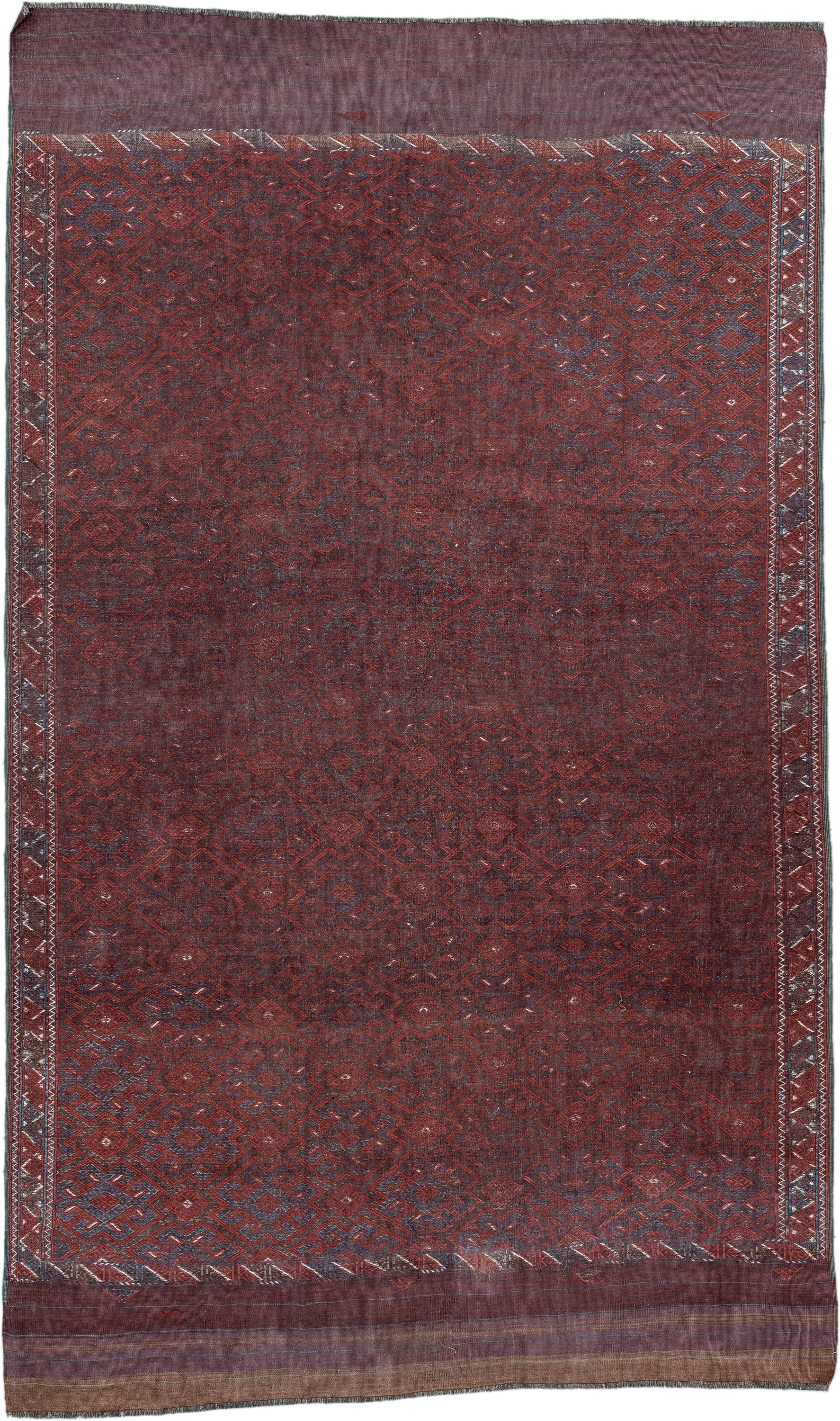 6' x 10' one-of-a-kind handmade vintage Kilim large size rug. Color palette: burgundy, rust, indigo, plum, charcoal, taupe