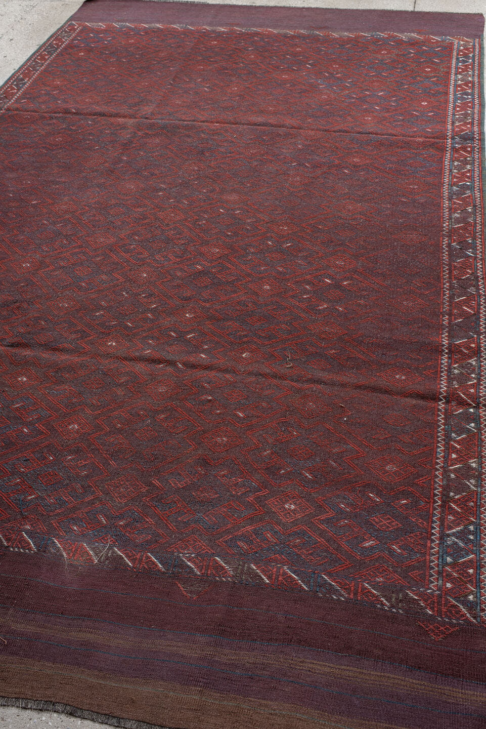6' x 10' one-of-a-kind handmade vintage Kilim large size rug. Color palette: burgundy, rust, indigo, plum, charcoal, taupe