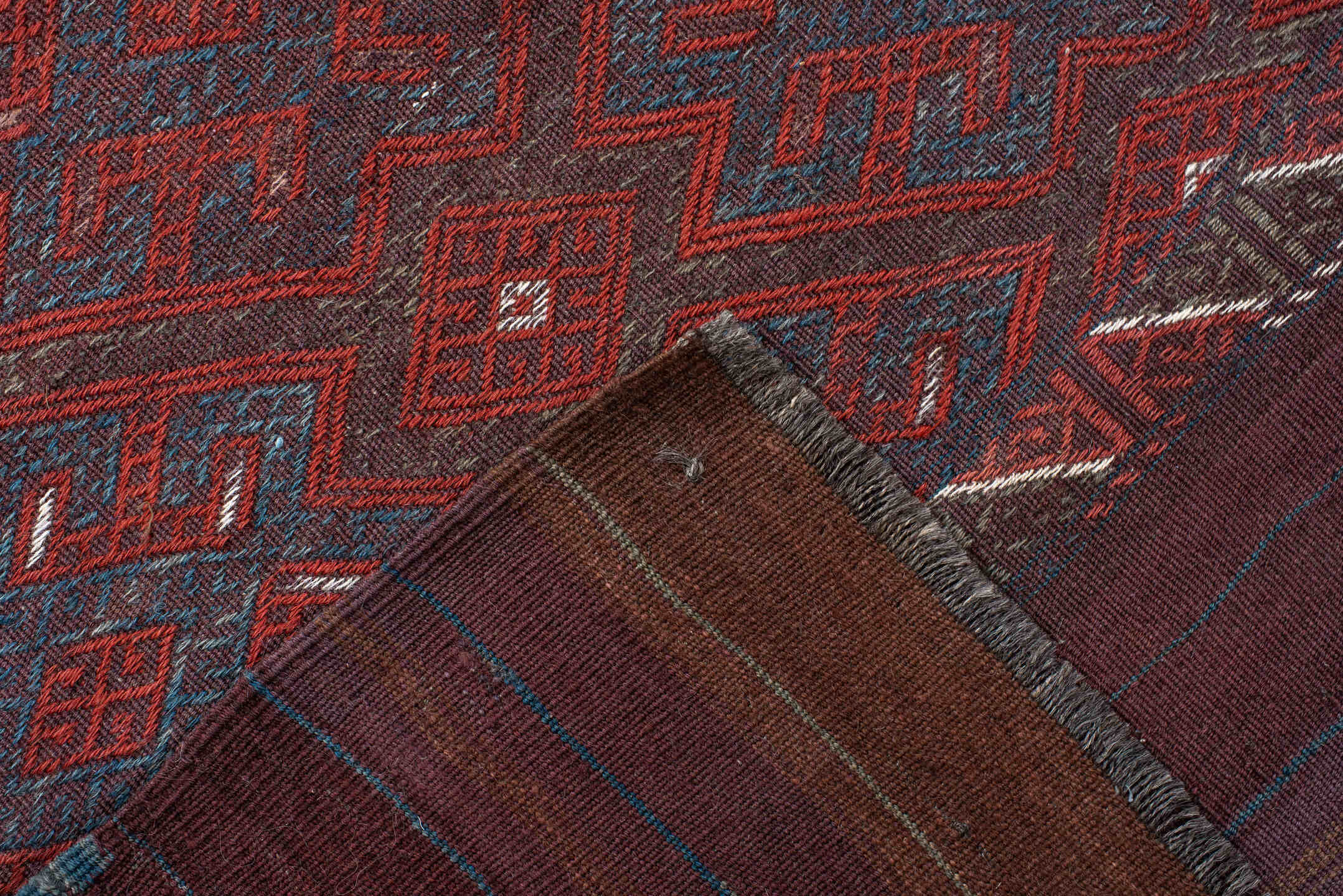 6' x 10' one-of-a-kind handmade vintage Kilim large size rug. Color palette: blue, brown, gray, pink, red, rosy brown, wine