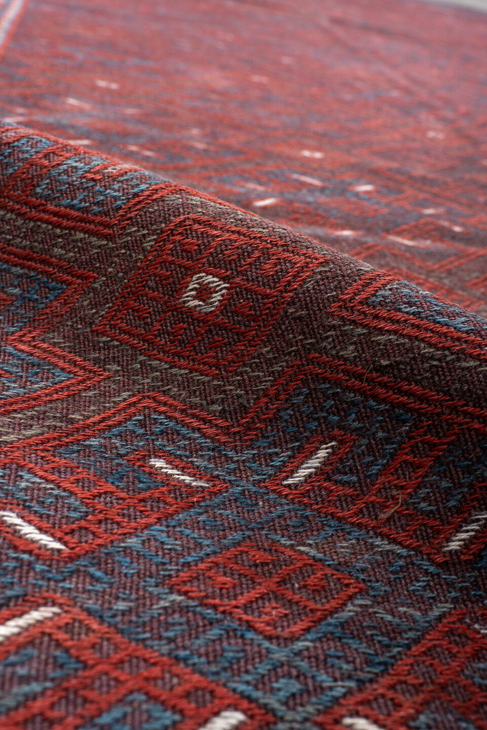 6' x 10' one-of-a-kind handmade vintage Kilim large size rug. Color palette: blue, brown, gray, pink, red, rosy brown, wine