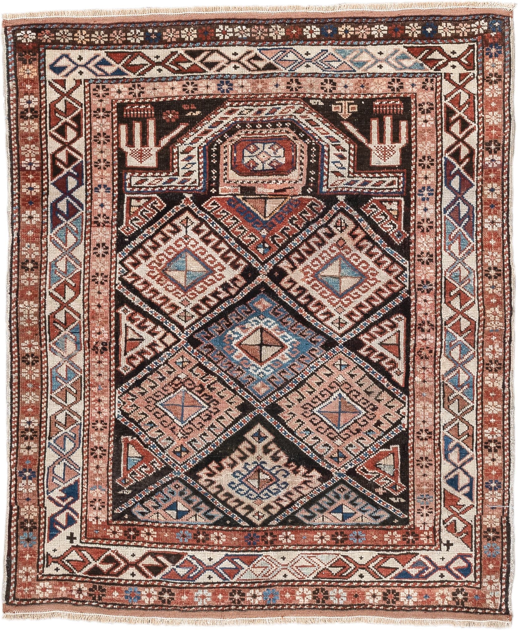 2' x 3' one-of-a-kind handmade antique Shirvan small size rug. Color palette: ivory, rust, brown, sky blue, navy, black