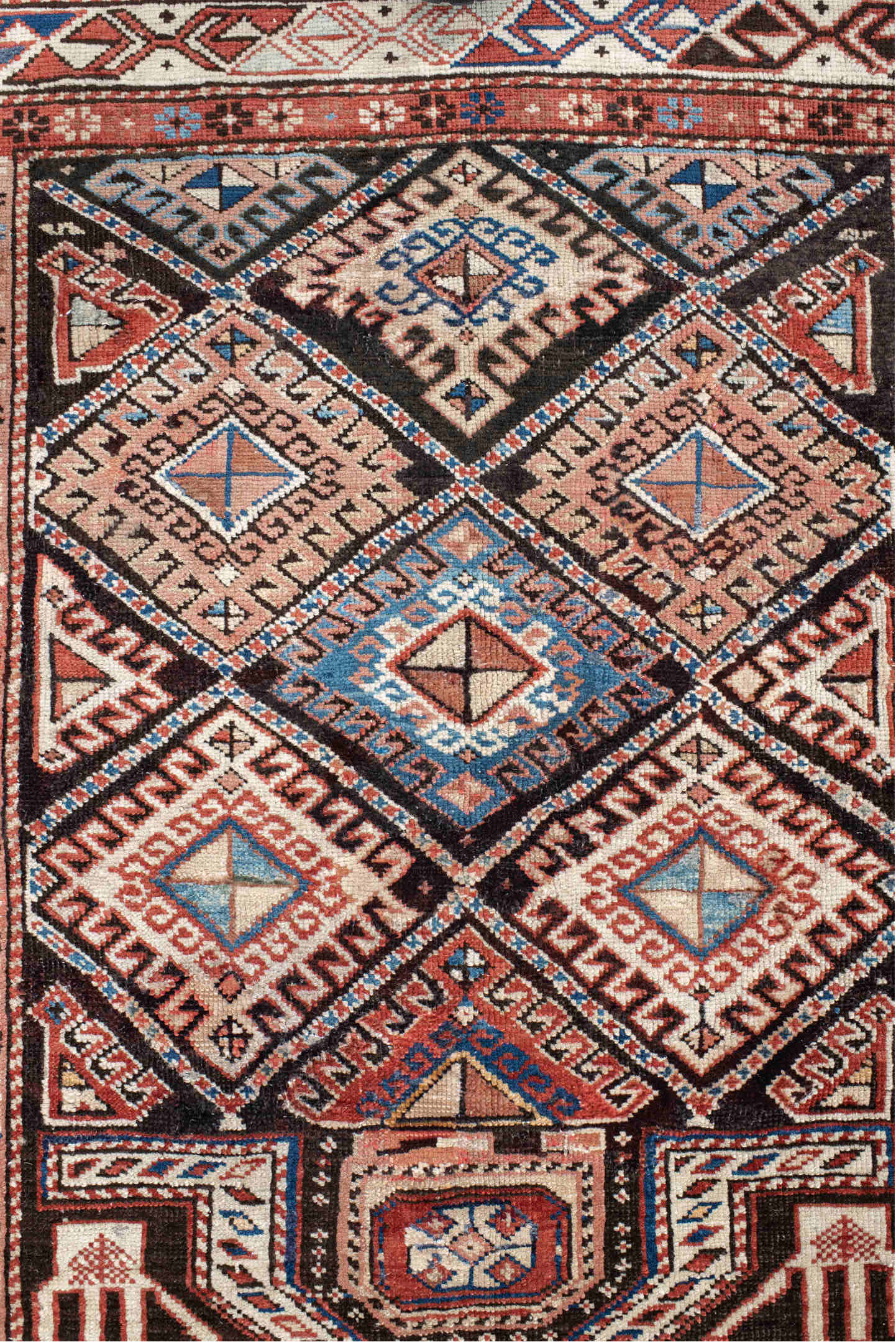 2' x 3' one-of-a-kind handmade vintage Shirvan small size rug. Color palette: antiquewhite, black, blue, brown, dim gray