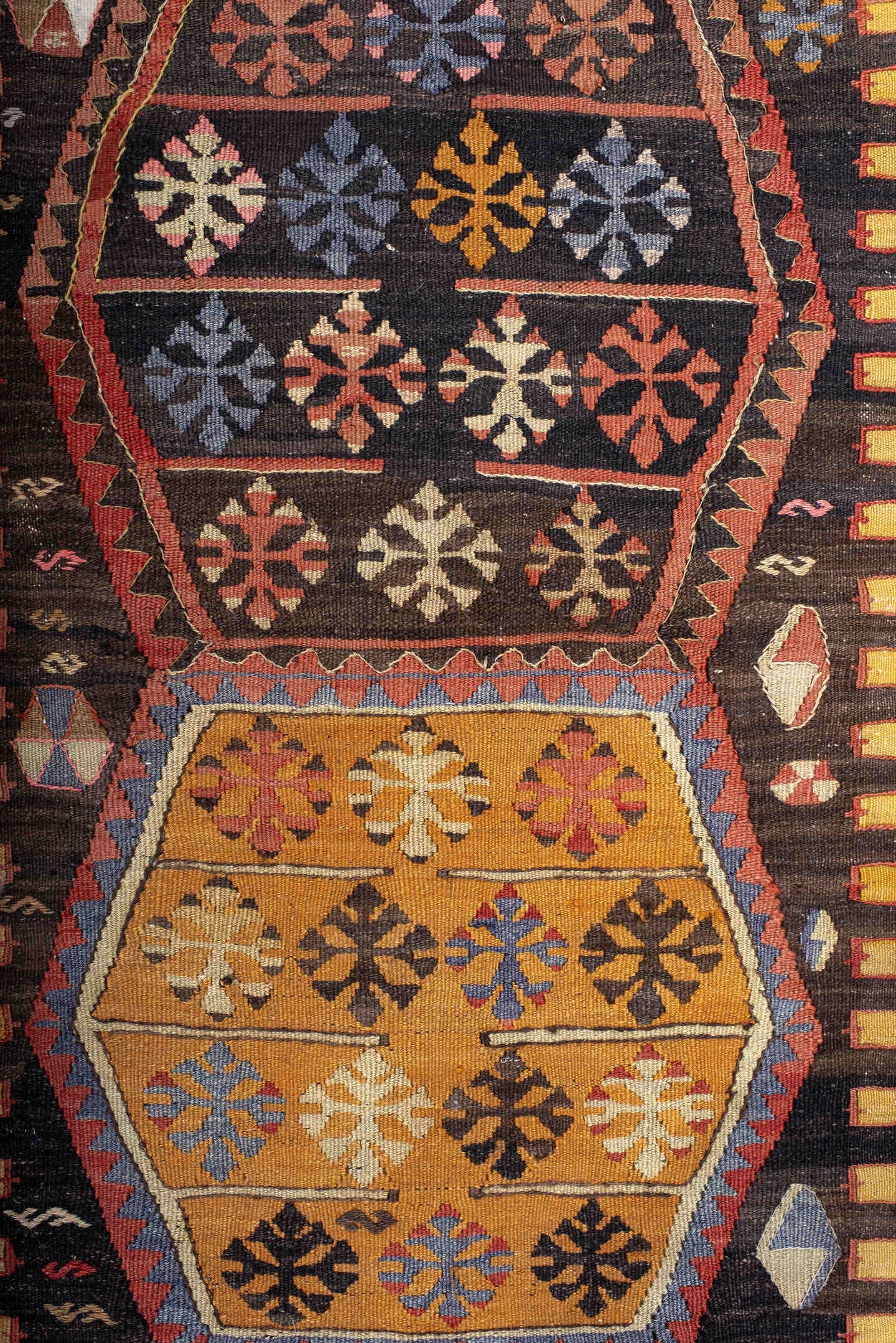 3' x 7' one-of-a-kind handmade antique Kilim runner rug. Color palette: gold, brown, ivory, slate, rust, black, camel, blue