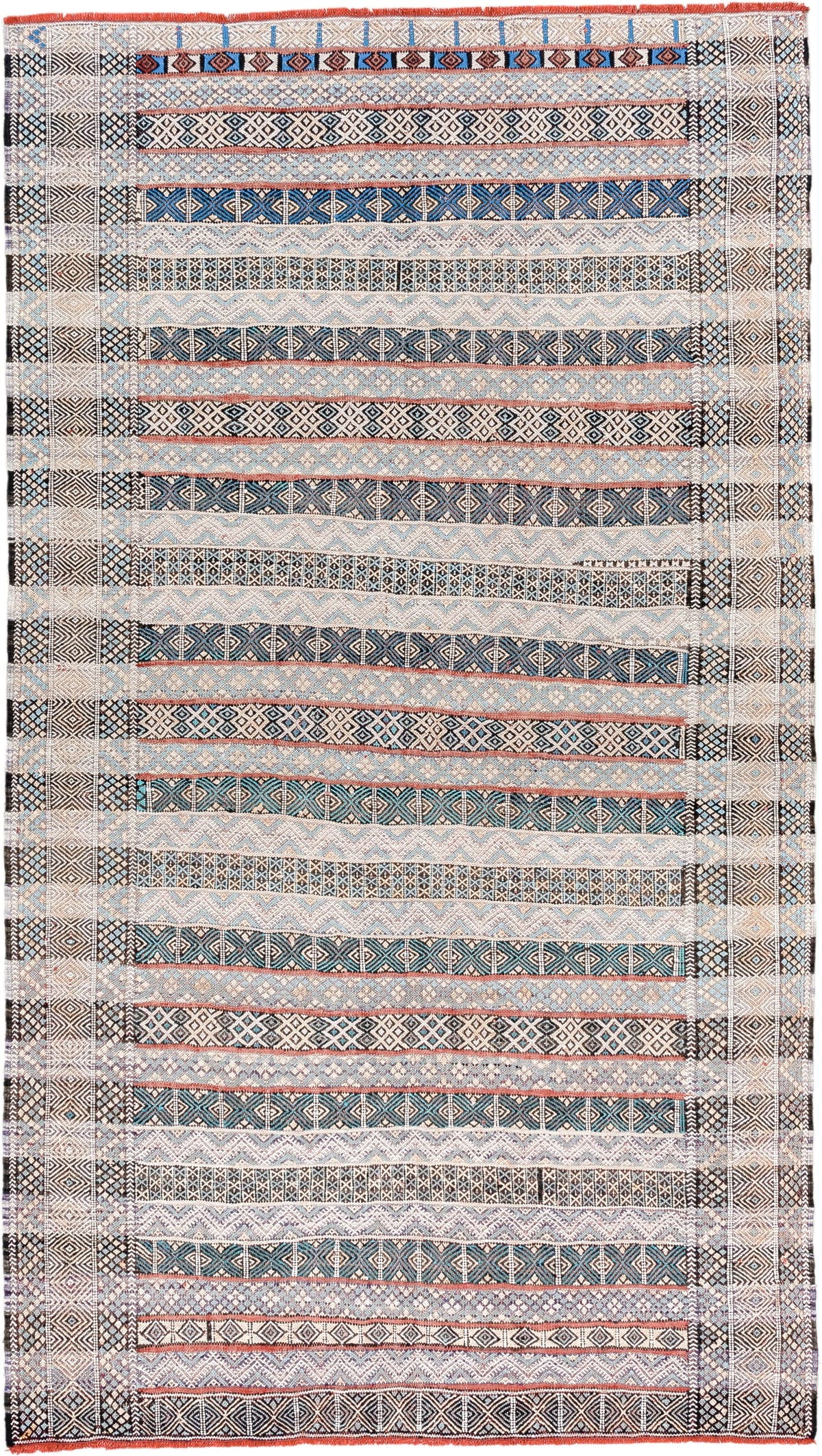 3' x 6' one-of-a-kind handmade vintage Moroccan small size rug. Color palette: ivory, indigo, sky blue, charcoal, rust