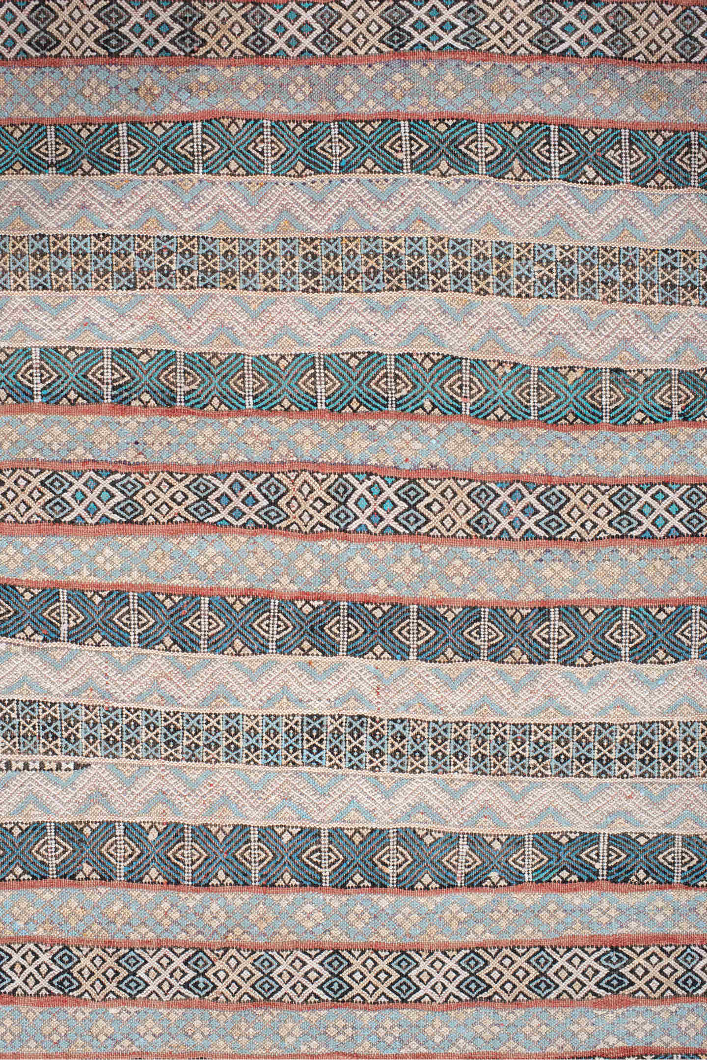 3' x 6' one-of-a-kind handmade vintage Moroccan small size rug. Color palette: black, blue, brown, fiord, gainsboro, gray