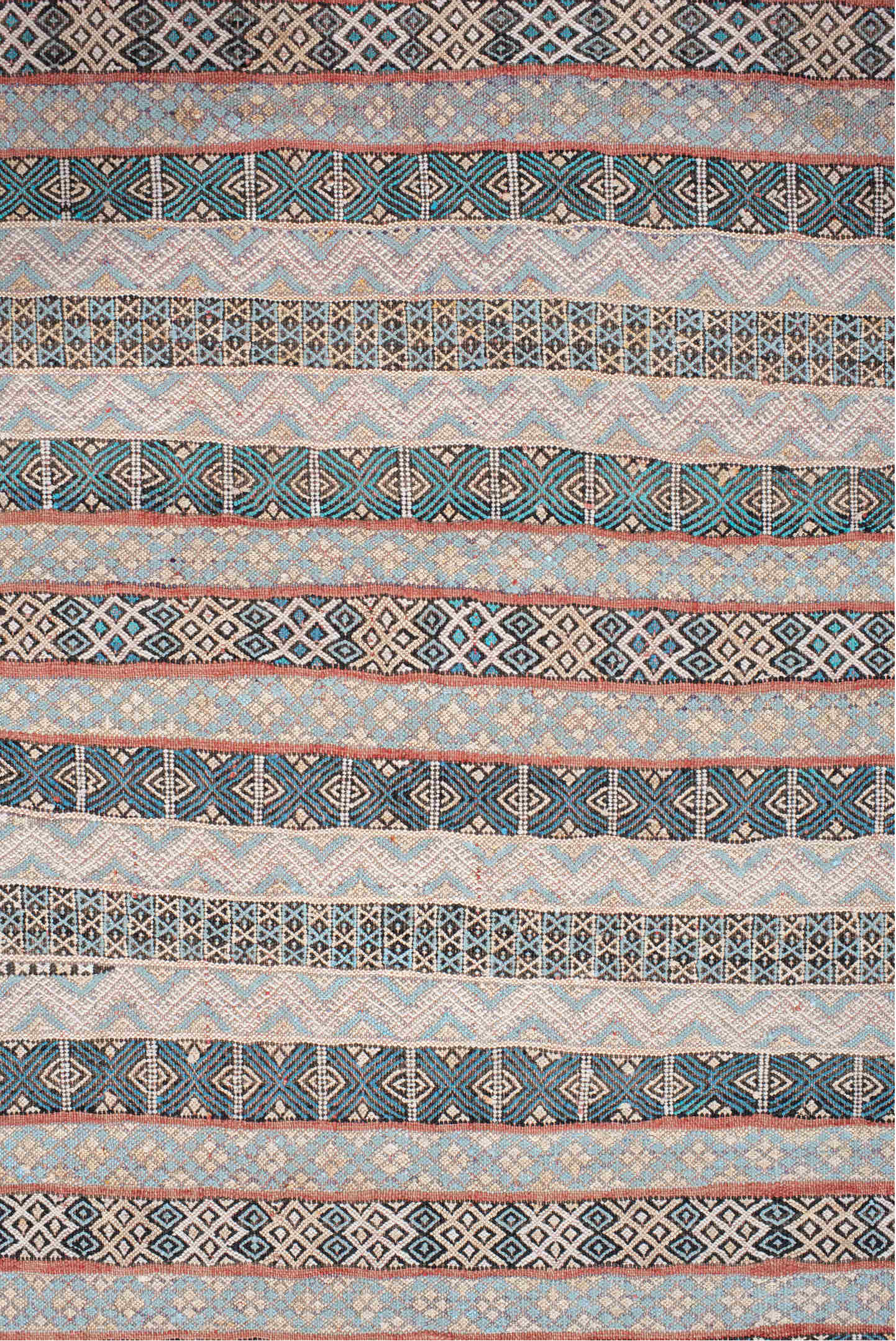 3' x 6' one-of-a-kind handmade vintage Moroccan small size rug. Color palette: black, blue, brown, fiord, gainsboro, gray