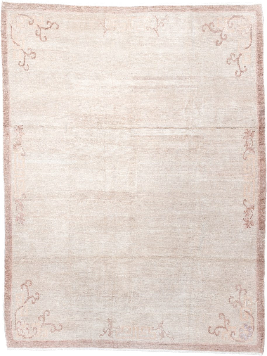8' x 11' one-of-a-kind handmade vintage Tibetan large size rug. Color palette: ivory, blush, pale rose, cream, taupe, pink