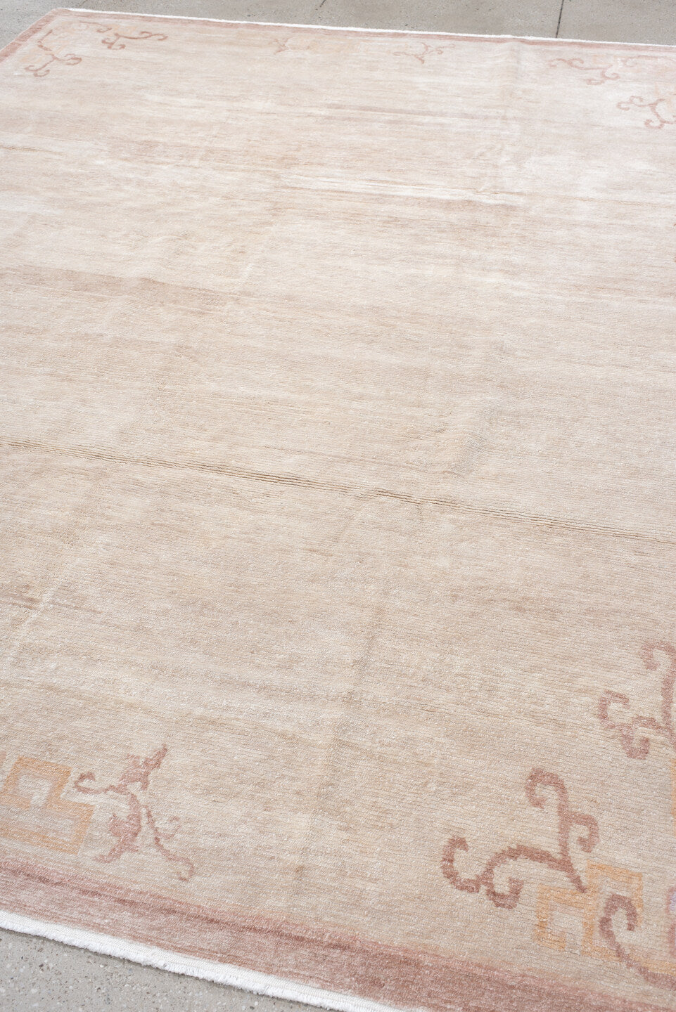 8' x 11' one-of-a-kind handmade vintage Tibetan large size rug. Color palette: ivory, blush, pale rose, cream, taupe, pink