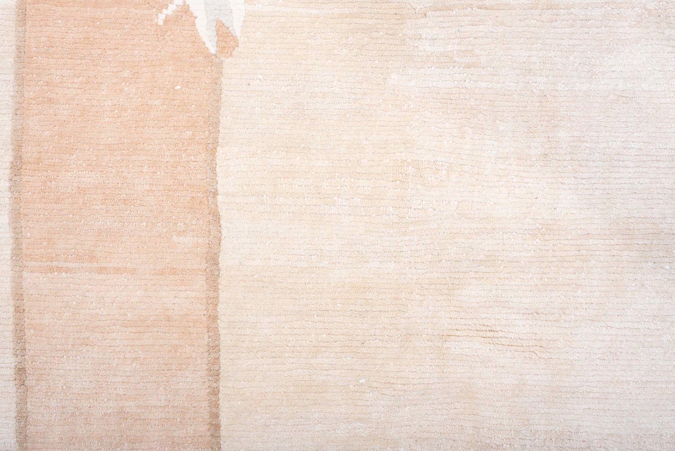 8' x 9' one-of-a-kind handmade vintage Tibetan rug. Color palette: ivory, blush, peach, cream, taupe, pink, terracotta