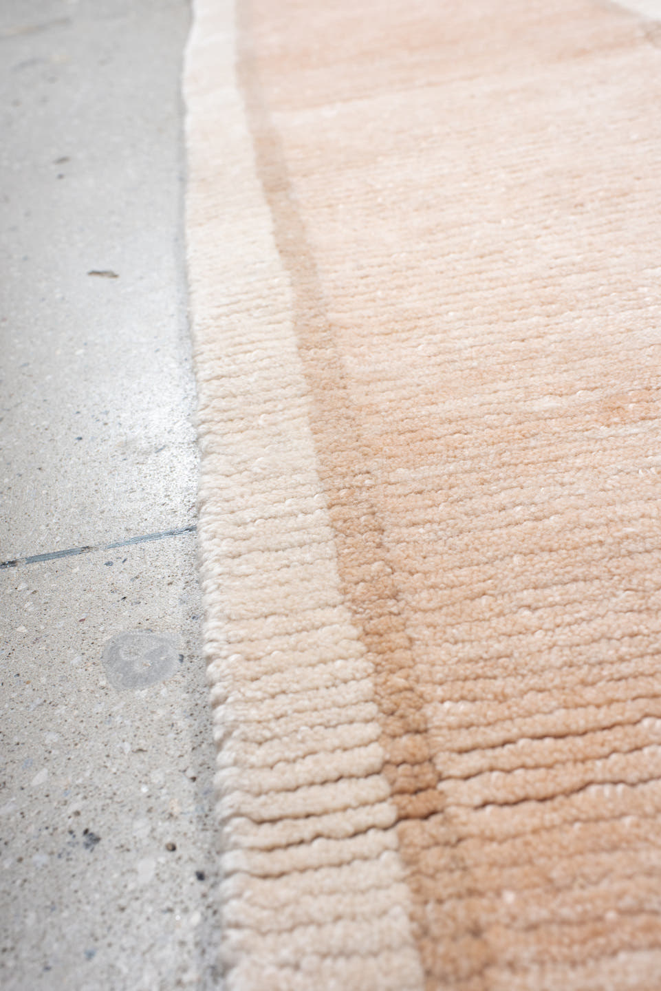 8' x 9' one-of-a-kind handmade vintage Tibetan rug. Color palette: ivory, blush, peach, cream, taupe, pink, terracotta