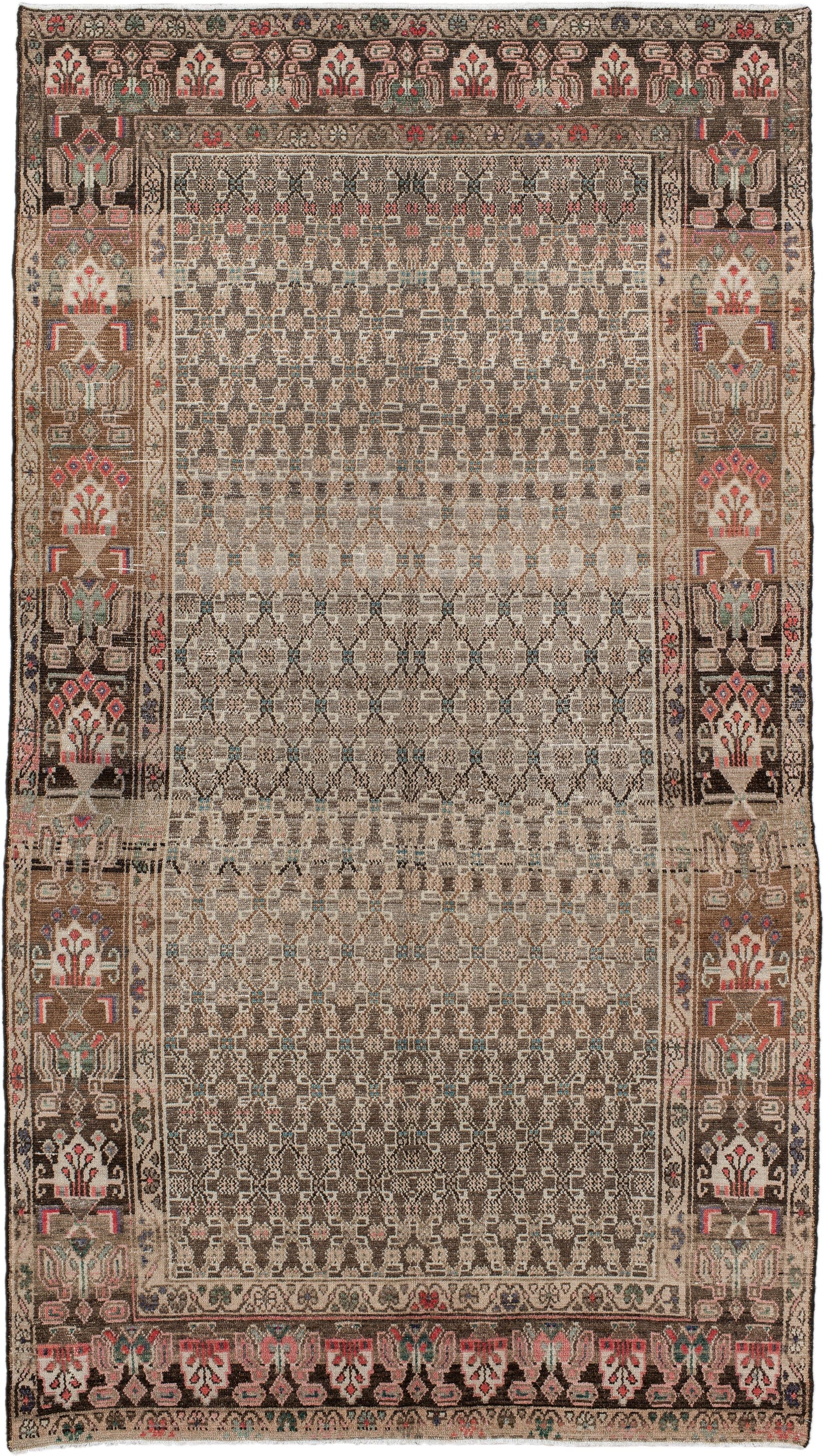 5' x 9' one-of-a-kind handmade antique Hamadan medium size rug. Color palette: taupe, ivory, brown, rose, sage, slate