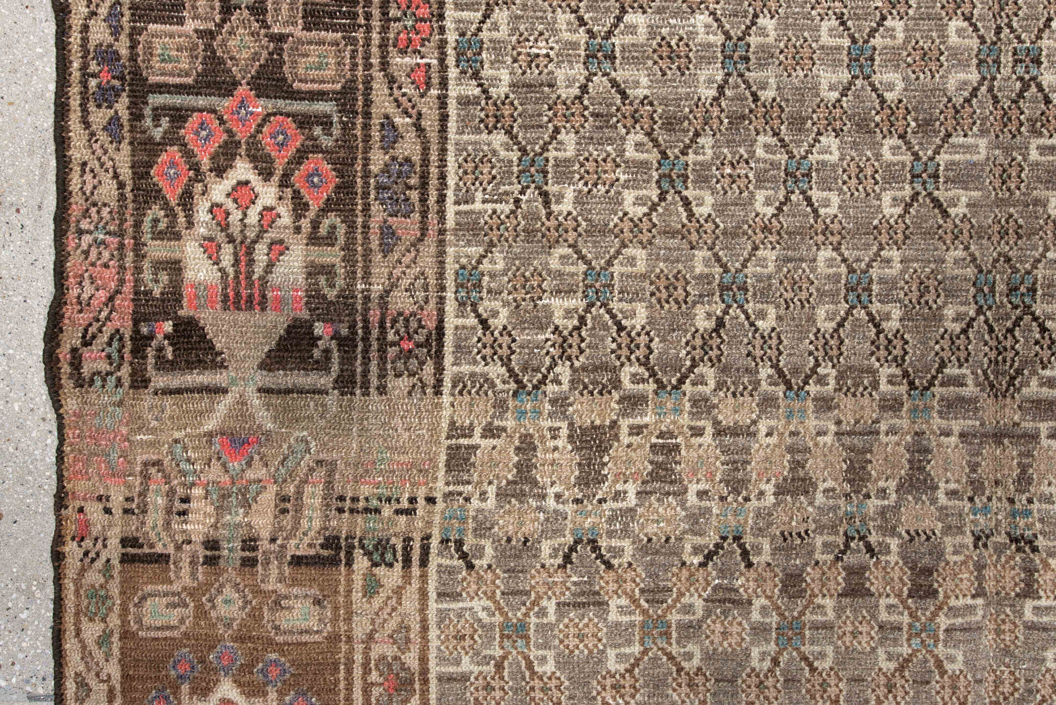 5' x 9' one-of-a-kind handmade antique Hamadan medium size rug. Color palette: taupe, ivory, brown, rose, sage, slate