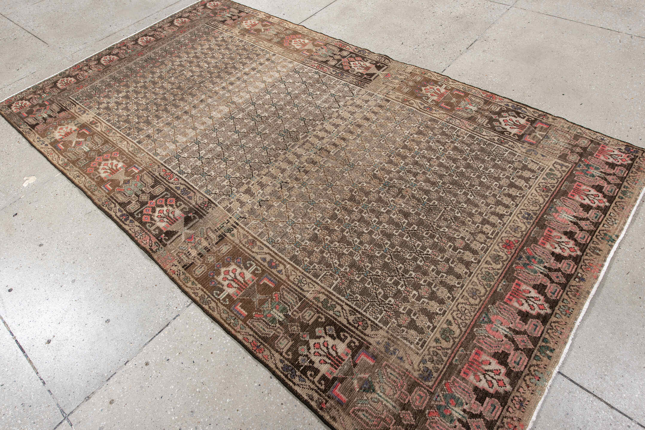 5' x 9' one-of-a-kind handmade antique Hamadan medium size rug. Color palette: taupe, ivory, brown, rose, sage, slate