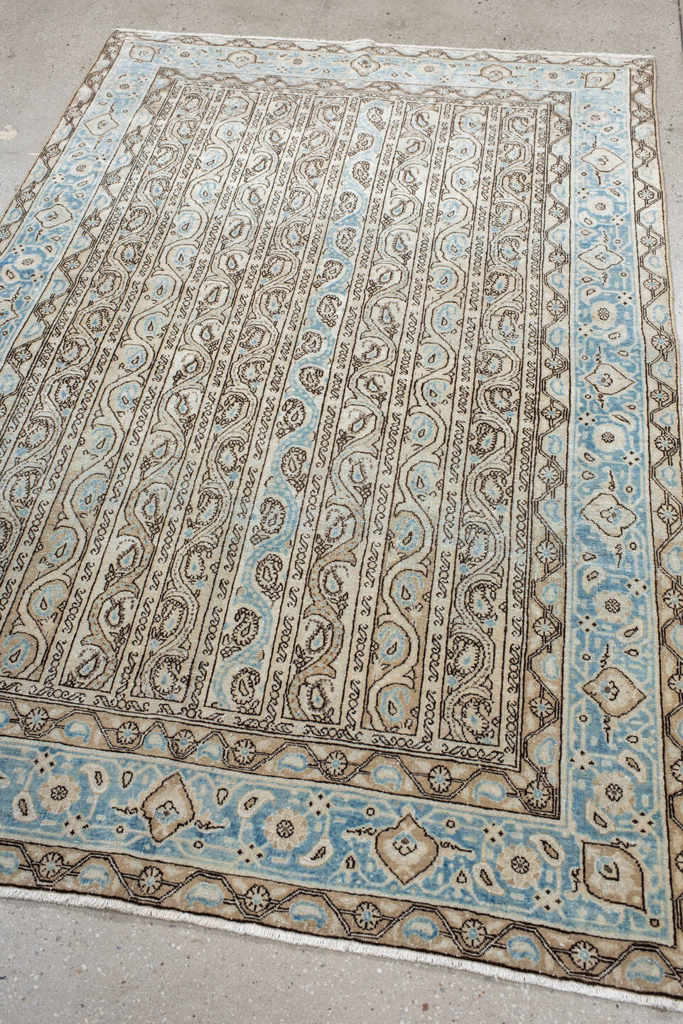4' x 7' one-of-a-kind handmade antique Qum rug. Color palette: ivory, sky blue, taupe, brown, light blue, beige, gray