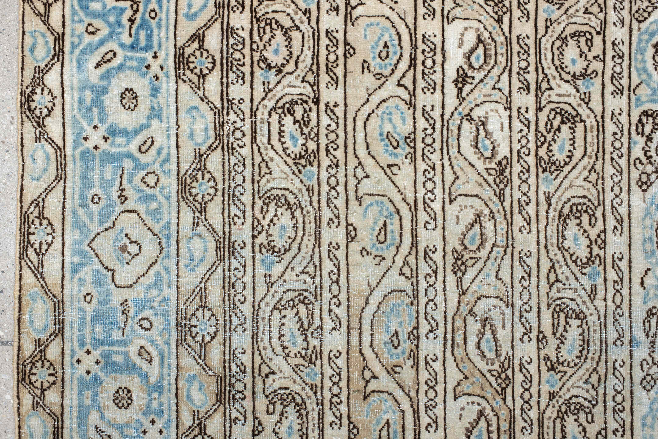 4' x 7' one-of-a-kind handmade antique Qum rug. Color palette: ivory, sky blue, taupe, brown, light blue, beige, gray