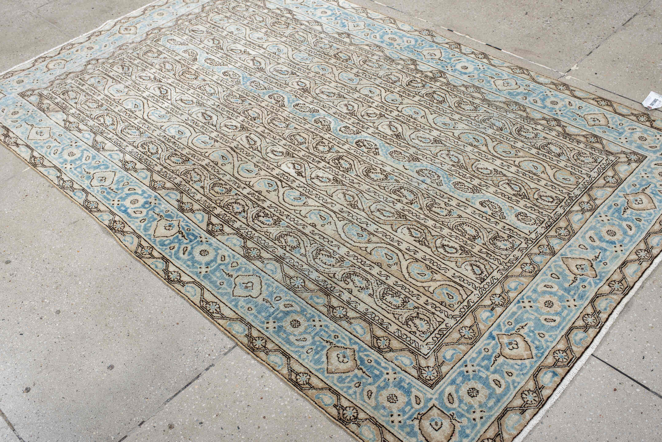 4' x 7' one-of-a-kind handmade antique Qum rug. Color palette: ivory, sky blue, taupe, brown, light blue, beige, gray