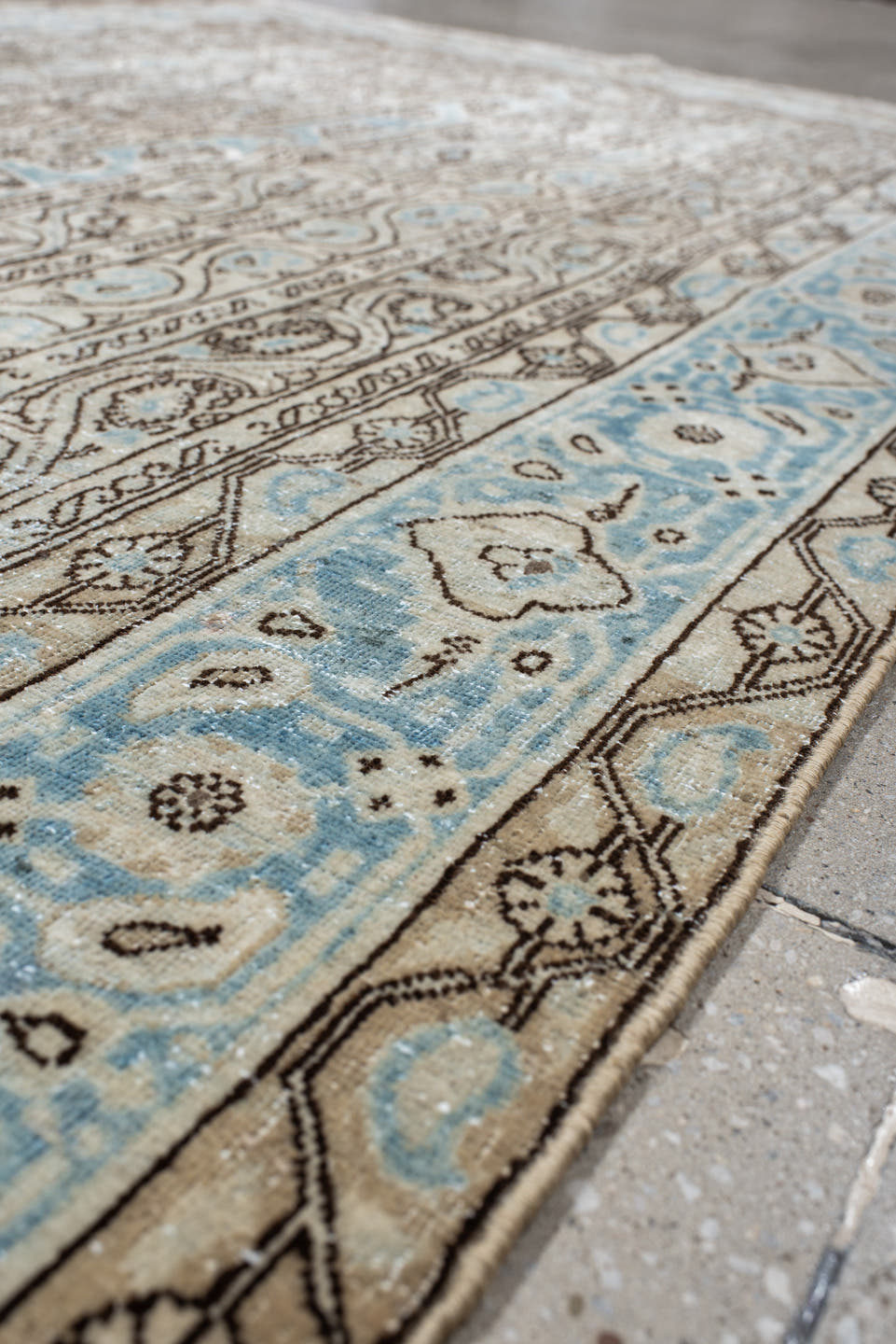 4' x 7' one-of-a-kind handmade antique Qum rug. Color palette: ivory, sky blue, taupe, brown, light blue, beige, gray