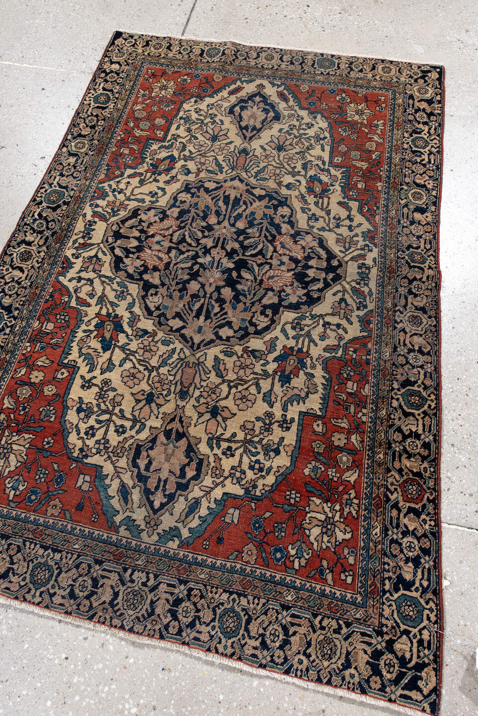 3' x 4' one-of-a-kind handmade antique Far.Sarouk small size rug. Color palette: ivory, navy, rust, slate, camel, teal, blue