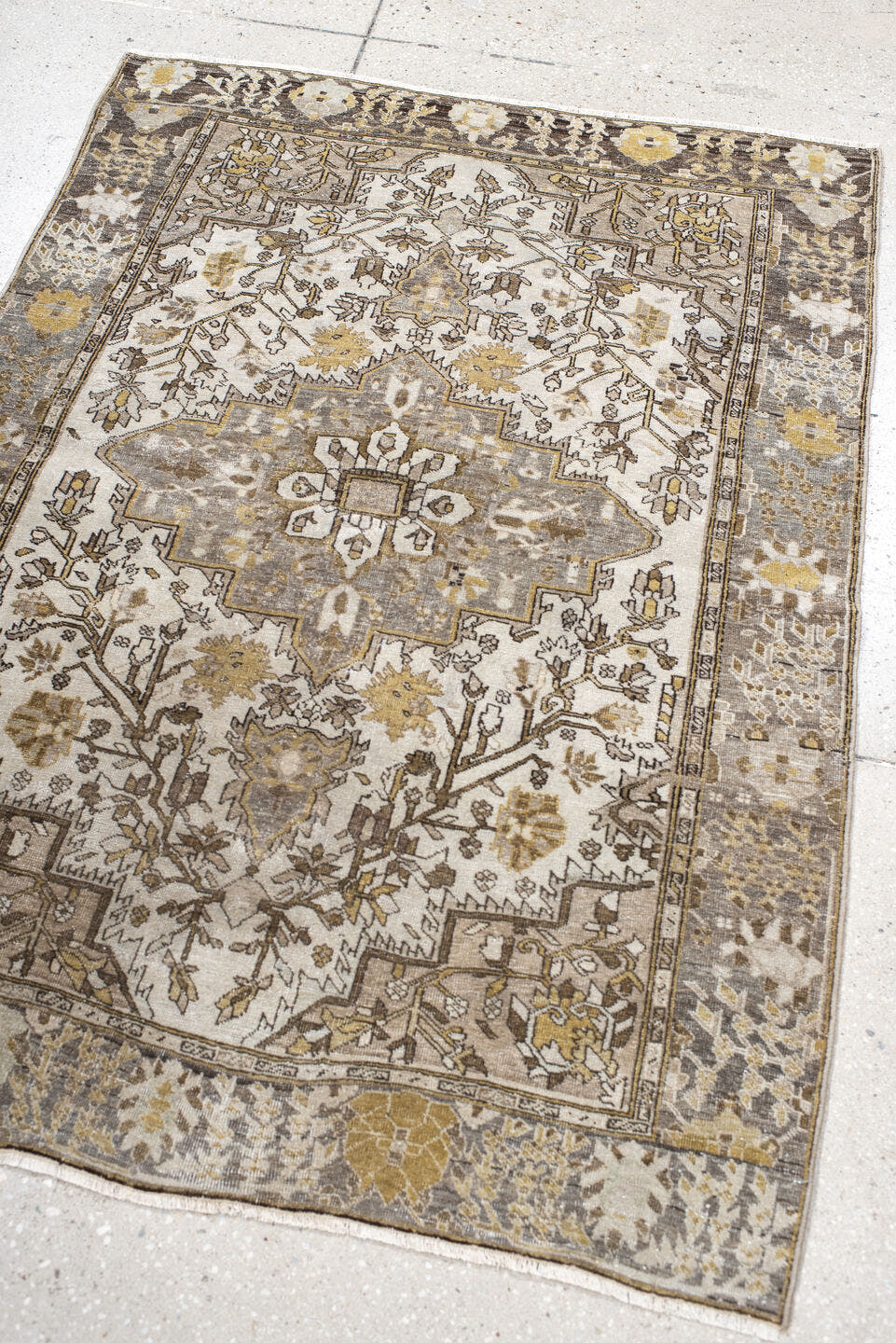 3' x 4' one-of-a-kind handmade antique Far.Sarouk small size rug. Color palette: ivory, taupe, camel, gold, brown, gray