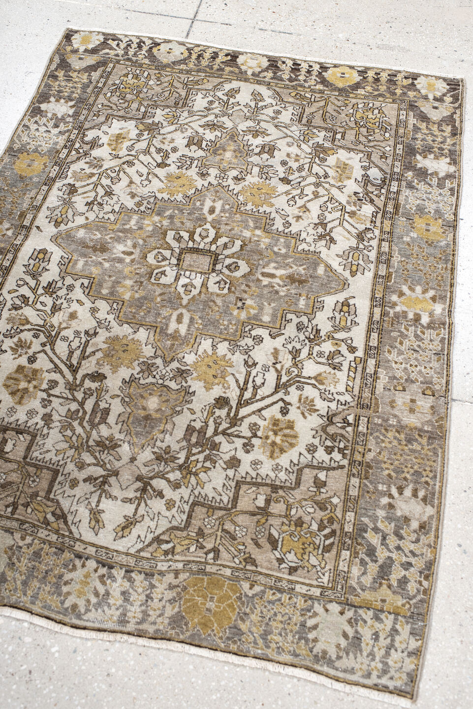3' x 4' one-of-a-kind handmade antique Far.Sarouk small size rug. Color palette: ivory, taupe, camel, gold, brown, gray