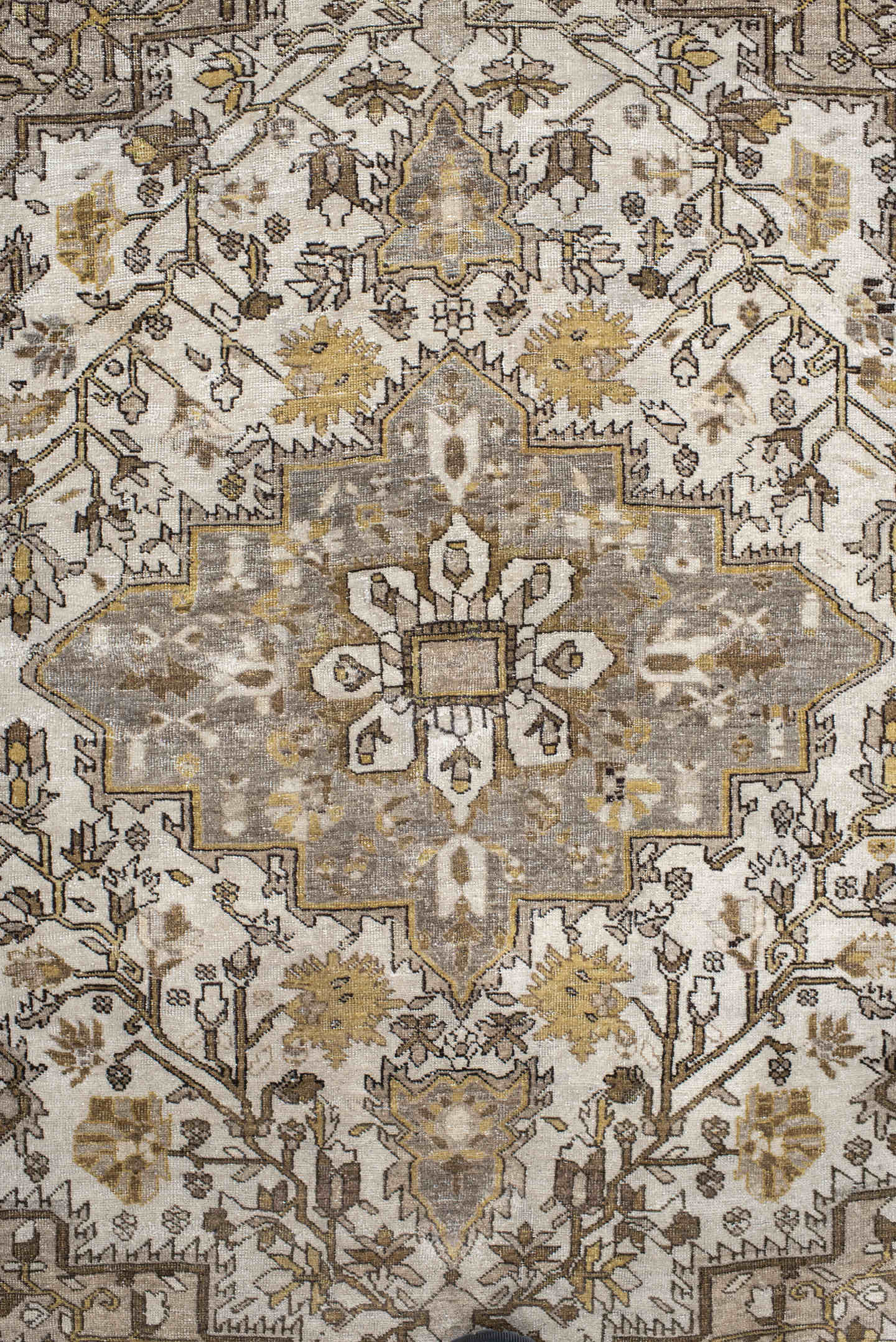 3' x 4' one-of-a-kind handmade antique Far.Sarouk small size rug. Color palette: ivory, taupe, camel, gold, brown, gray