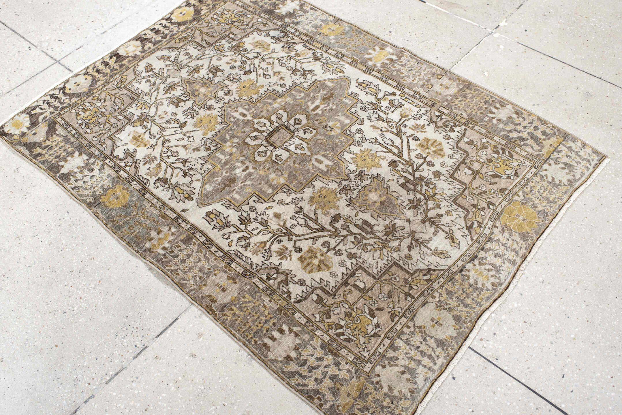 3' x 4' one-of-a-kind handmade antique Far.Sarouk small size rug. Color palette: ivory, taupe, camel, gold, brown, gray