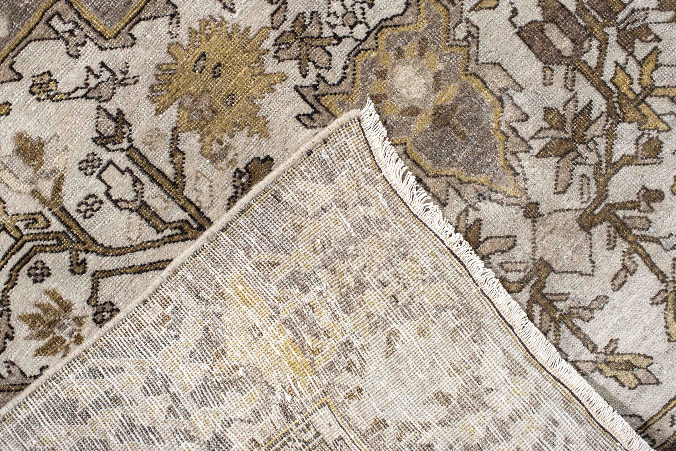 3' x 4' one-of-a-kind handmade antique Far.Sarouk small size rug. Color palette: ivory, taupe, camel, gold, brown, gray