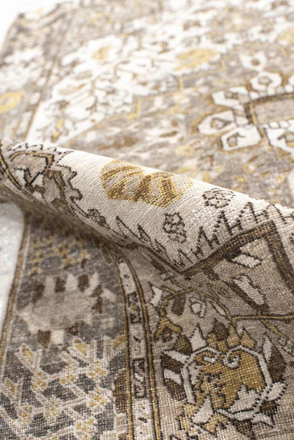 3' x 4' one-of-a-kind handmade antique Far.Sarouk small size rug. Color palette: ivory, taupe, camel, gold, brown, gray