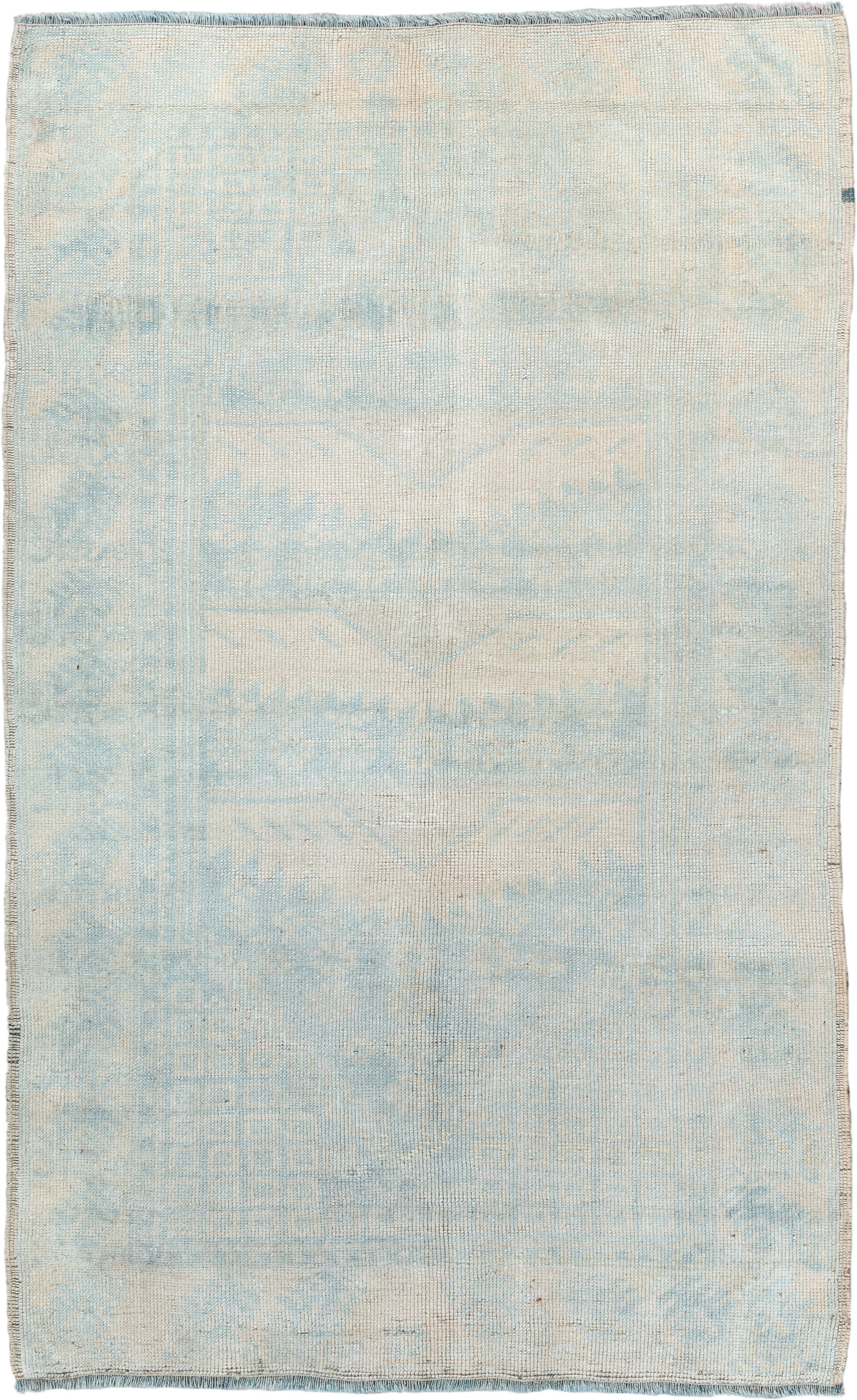 2' x 4' one-of-a-kind handmade vintage Anatolian small size rug. Color palette: ivory, pale blue, cream, sky blue